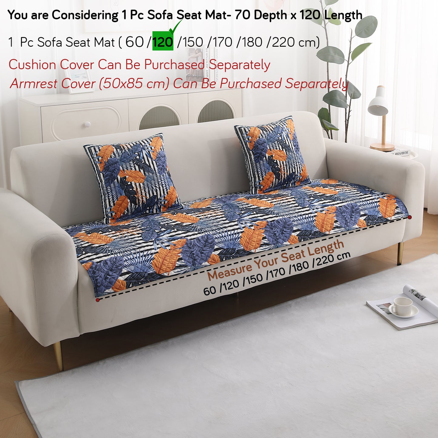 LiefNest Holland Velvet Sofa Cover Mat with Foam Filling - Tropical Leaves Dusk Blue
