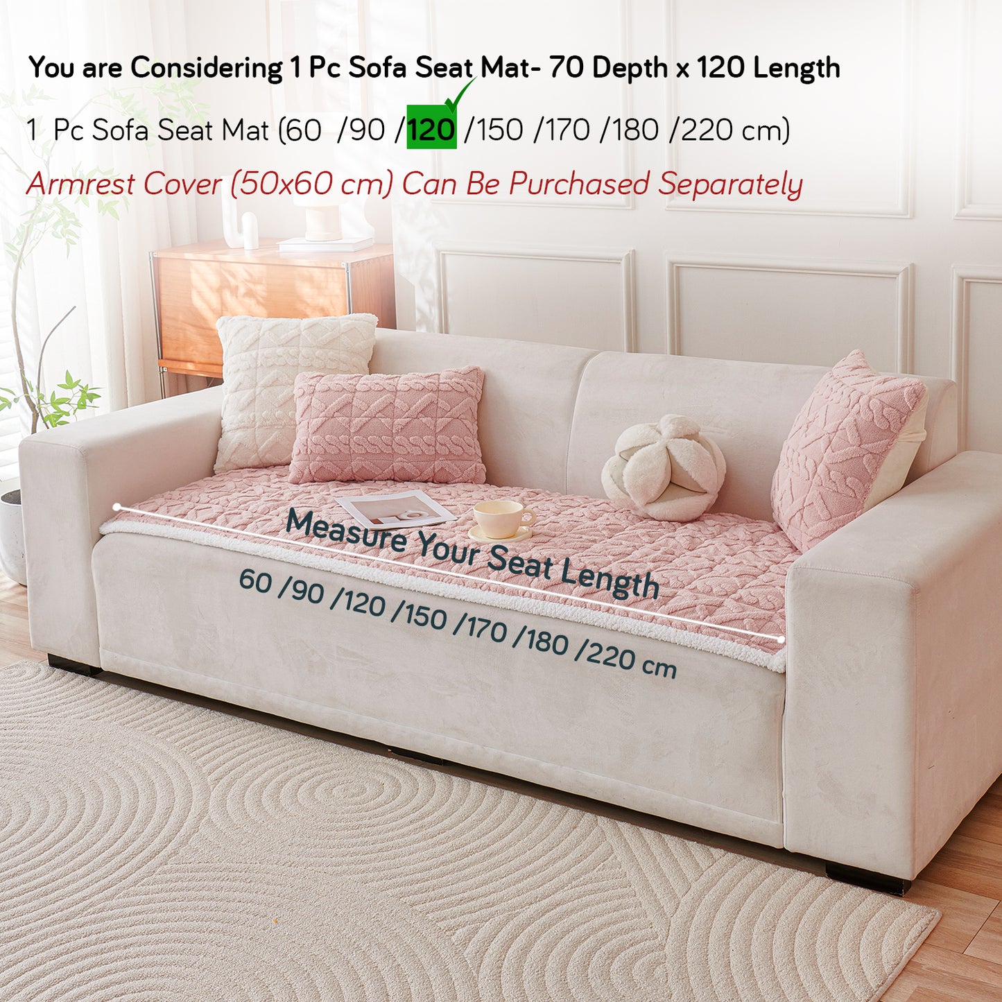'Italian Caelora' Luxury Jacquard Plush Sofa Cover Mat and Anti-Slip Armrest Covers - Misty Rose