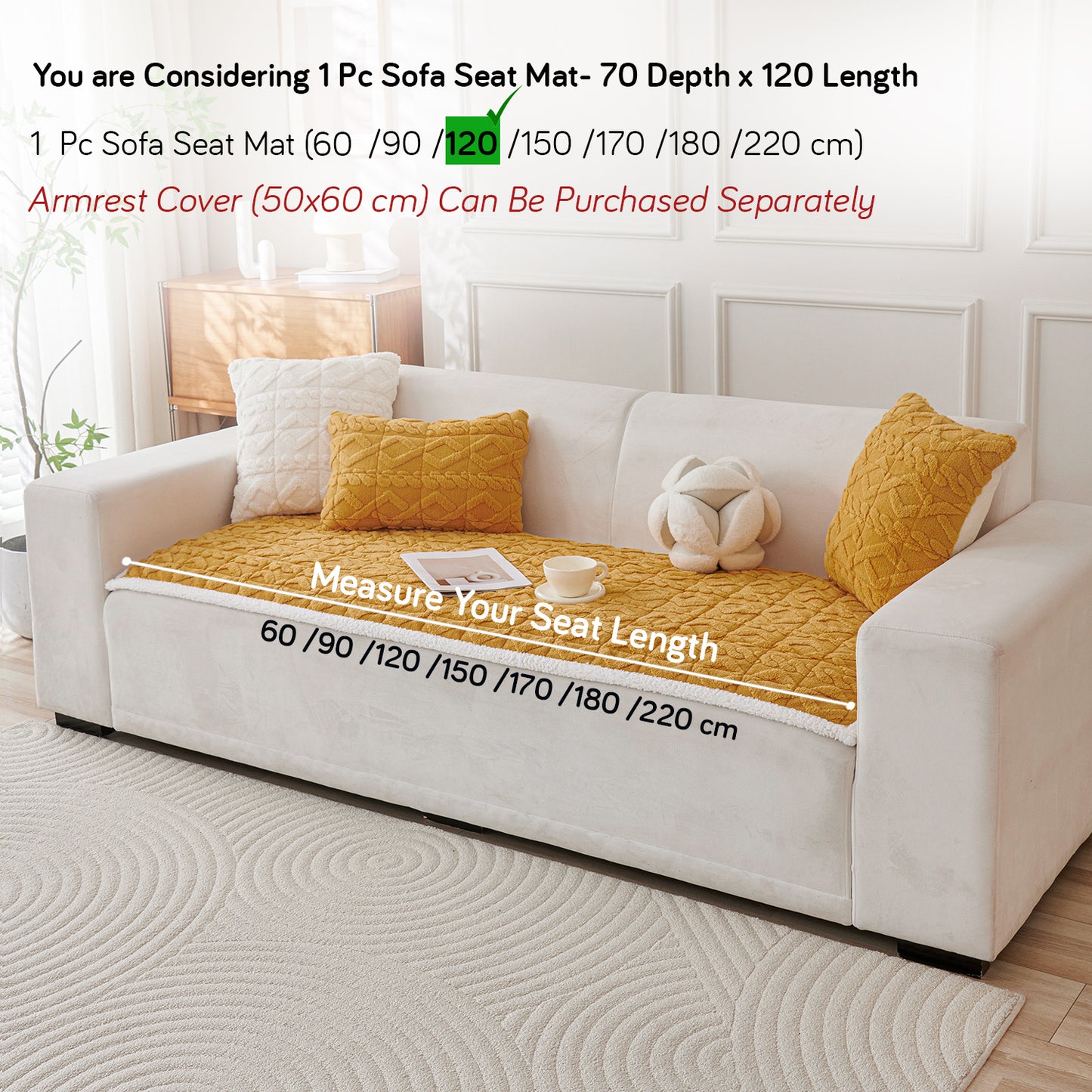 'Italian Caelora' Luxury Jacquard Plush Sofa Cover Mat and Anti-Slip Armrest Covers - Honey Yellow