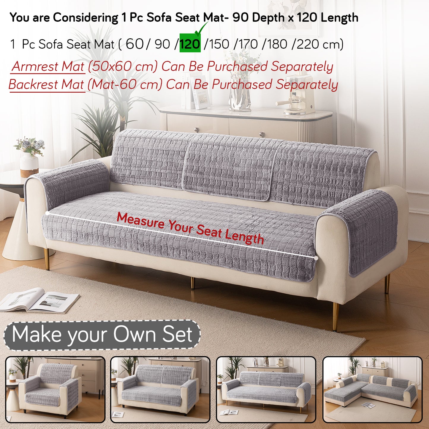 Premium Plush Anti Slip Sofa Cover Mat, Light Grey