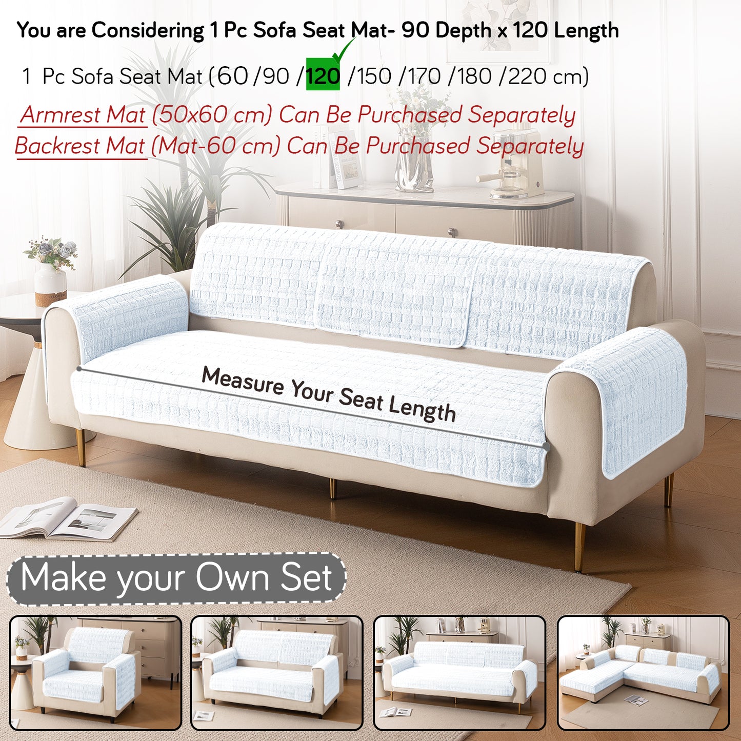 Premium Plush Anti Slip Sofa Cover Mat, White