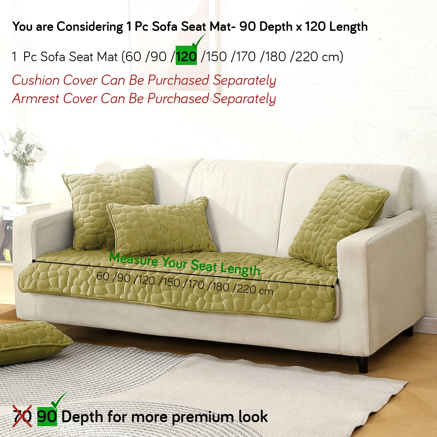 Premium Pebble Milk Velvet Anti Slip Sofa Mats, Pristine Green