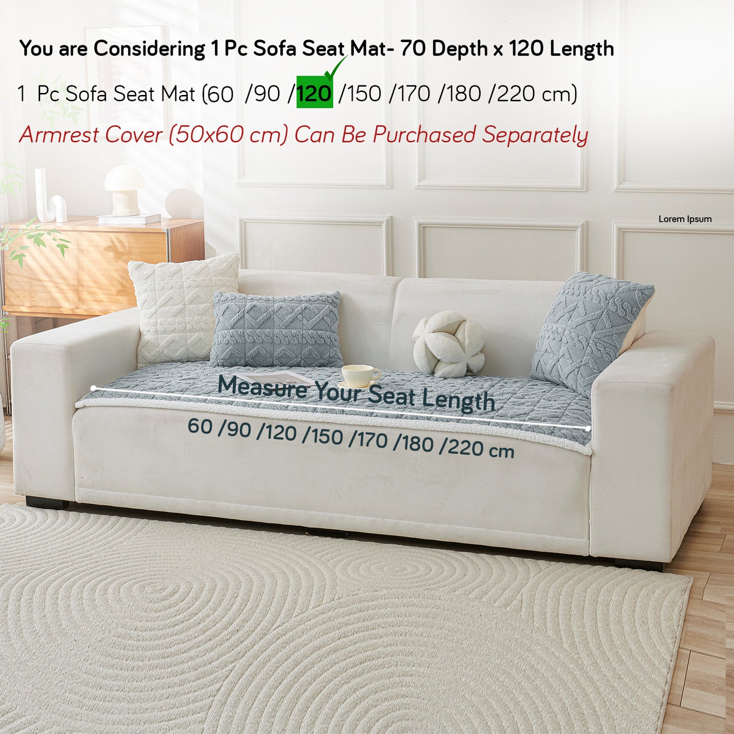'Italian Caelora' Luxury Jacquard Plush Sofa Cover Mat and Anti-Slip Armrest Covers - Powder Blue