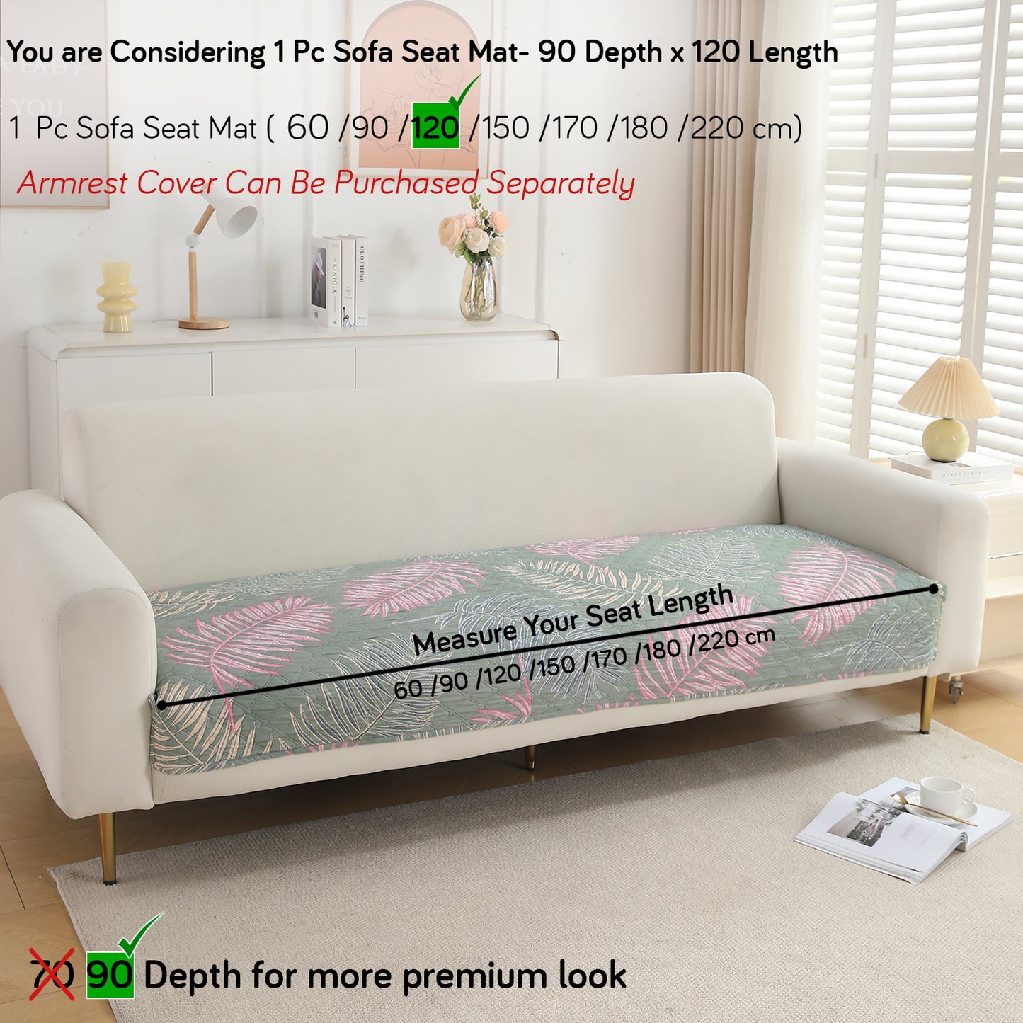 Polyester Printed Quilted Sofa Cover Mats, Tropical Leaves Pastel Green