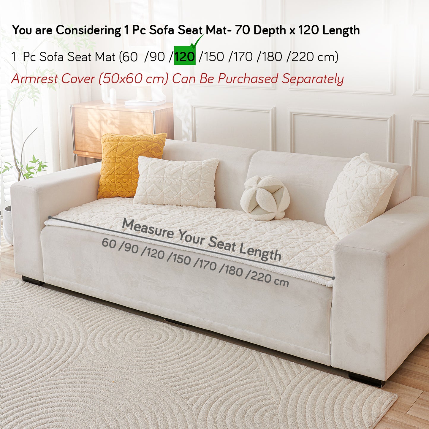 'Italian Caelora' Luxury Jacquard Plush Sofa Cover Mat and Anti-Slip Armrest Covers - Pearl Whit