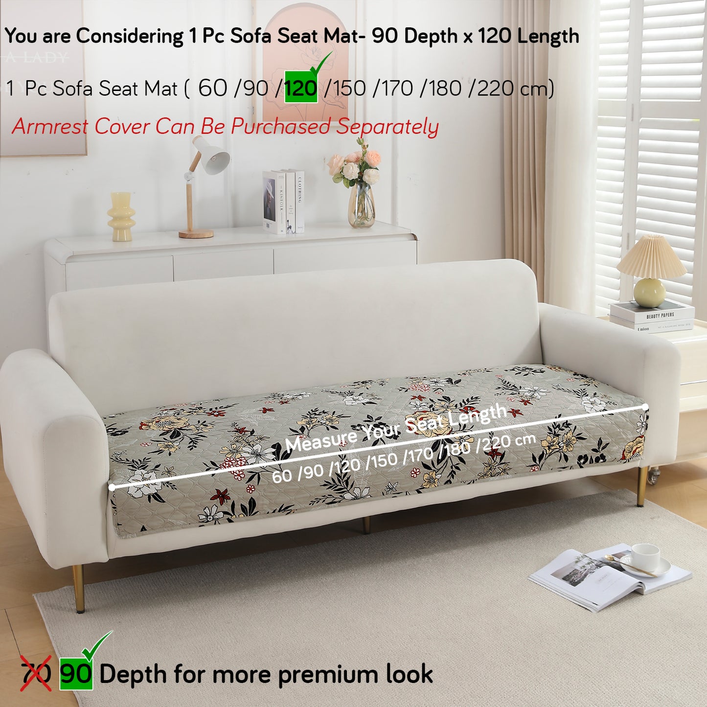 Polyester Printed Quilted Sofa Cover Mats, Floral Ash Grey