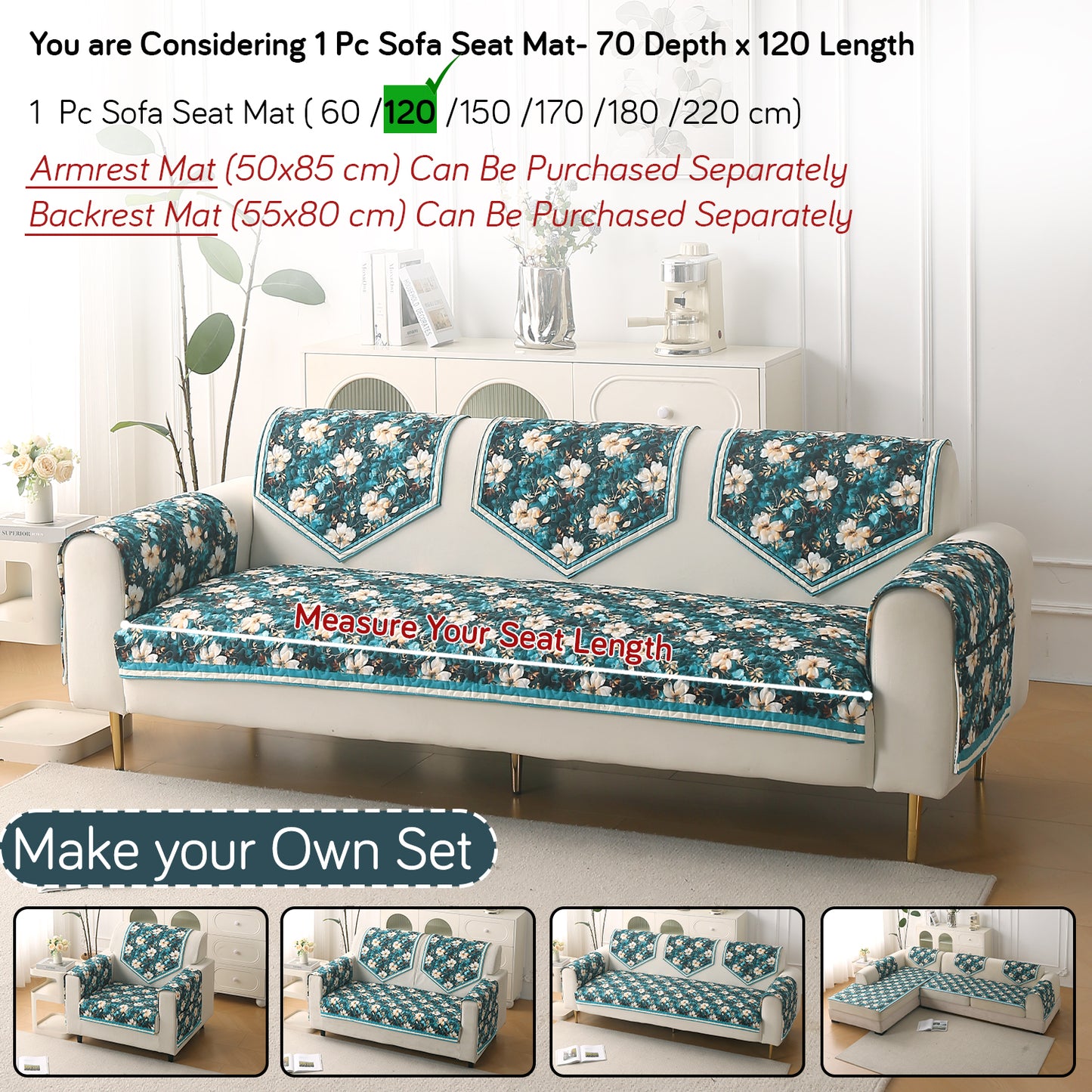 Florentina Series Premium Holland Velvet Sofa Cover Mat - Pansies Teal