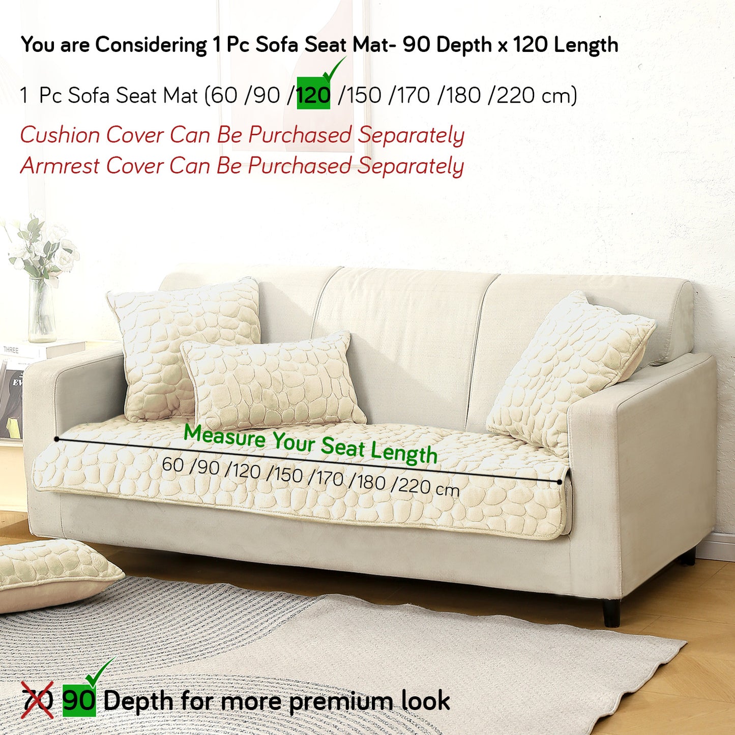Premium Pebble Milk Velvet Anti Slip Sofa Mats, Bliss White