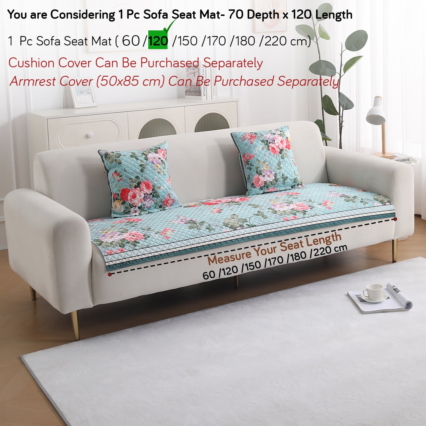 LiefNest Holland Velvet Sofa Cover Mat with Foam Filling - Fresh Floral Pastel Blue