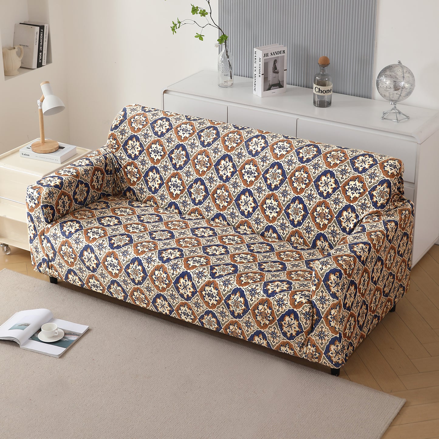 Premium Printed Velvet Sofa Cover 1/2/3 Seaters Fully Covered, Indigo Moroccan Charm