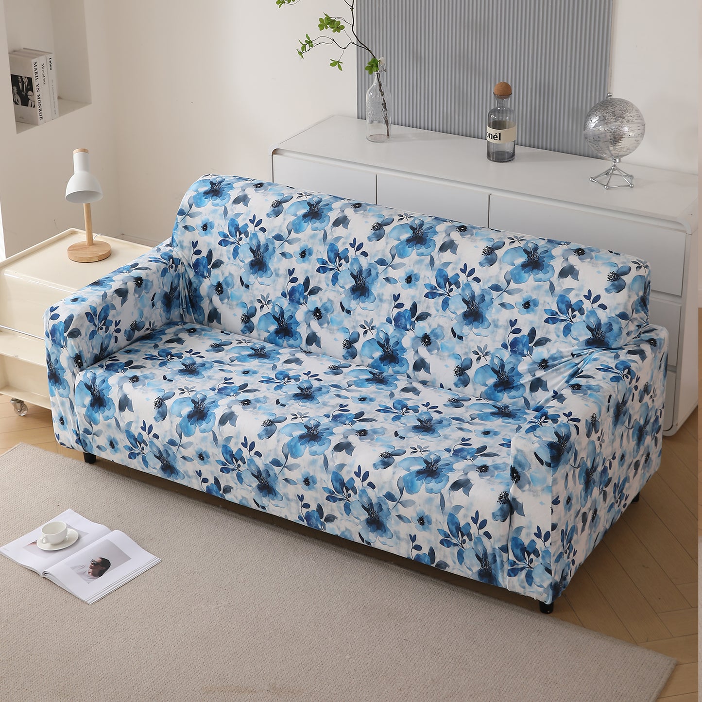 Premium Printed Velvet Sofa Cover 1/2/3 Seaters Fully Covered, Blue Azure Botanical