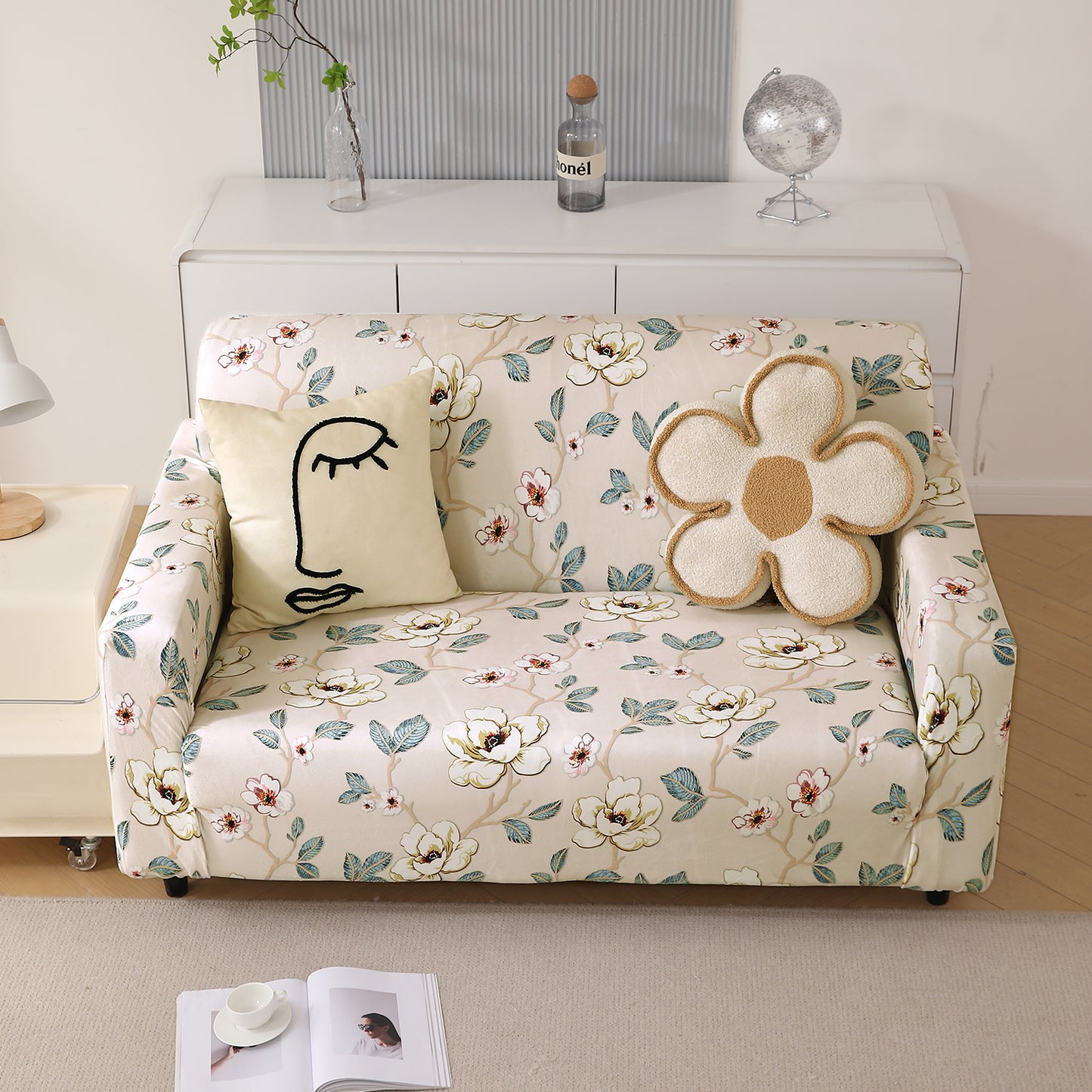 Premium Printed Velvet Sofa Cover 1/2/3 Seaters Fully Covered, Buttercream Magnolia Whisper