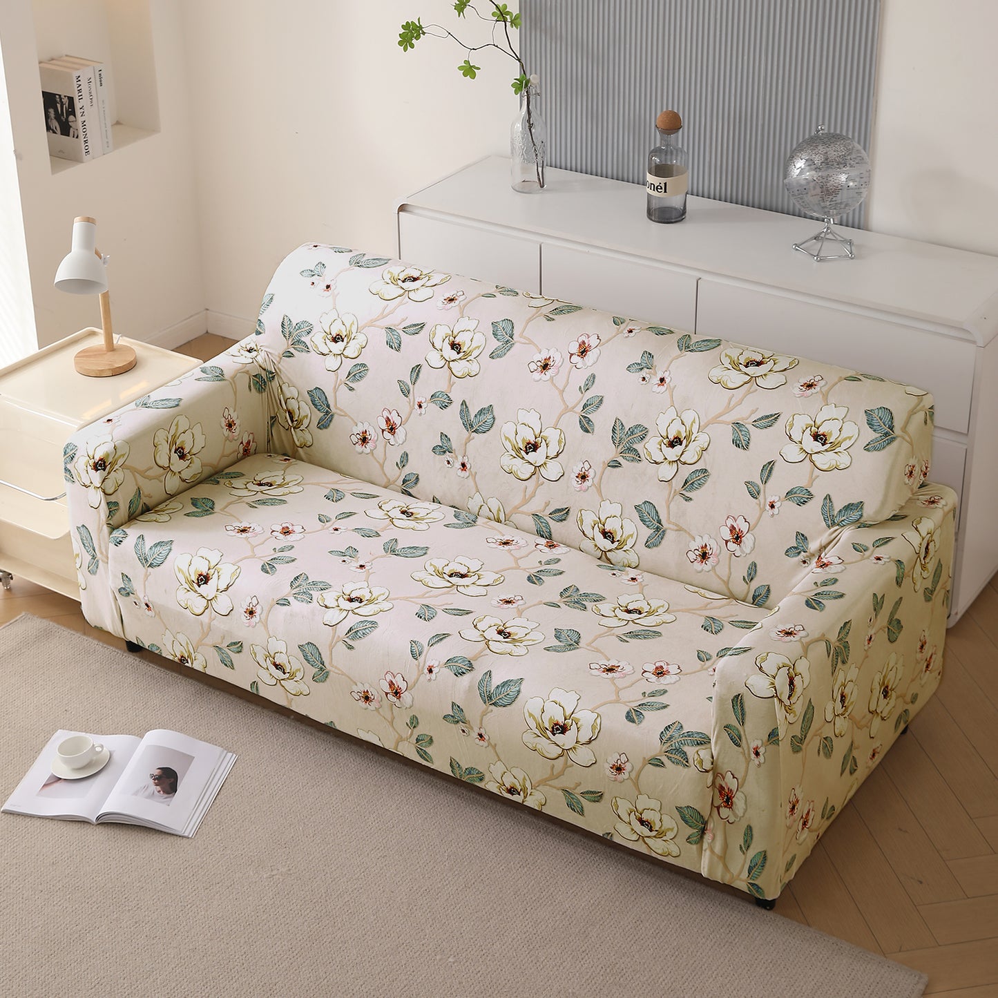 Premium Printed Velvet Sofa Cover 1/2/3 Seaters Fully Covered, Buttercream Magnolia Whisper