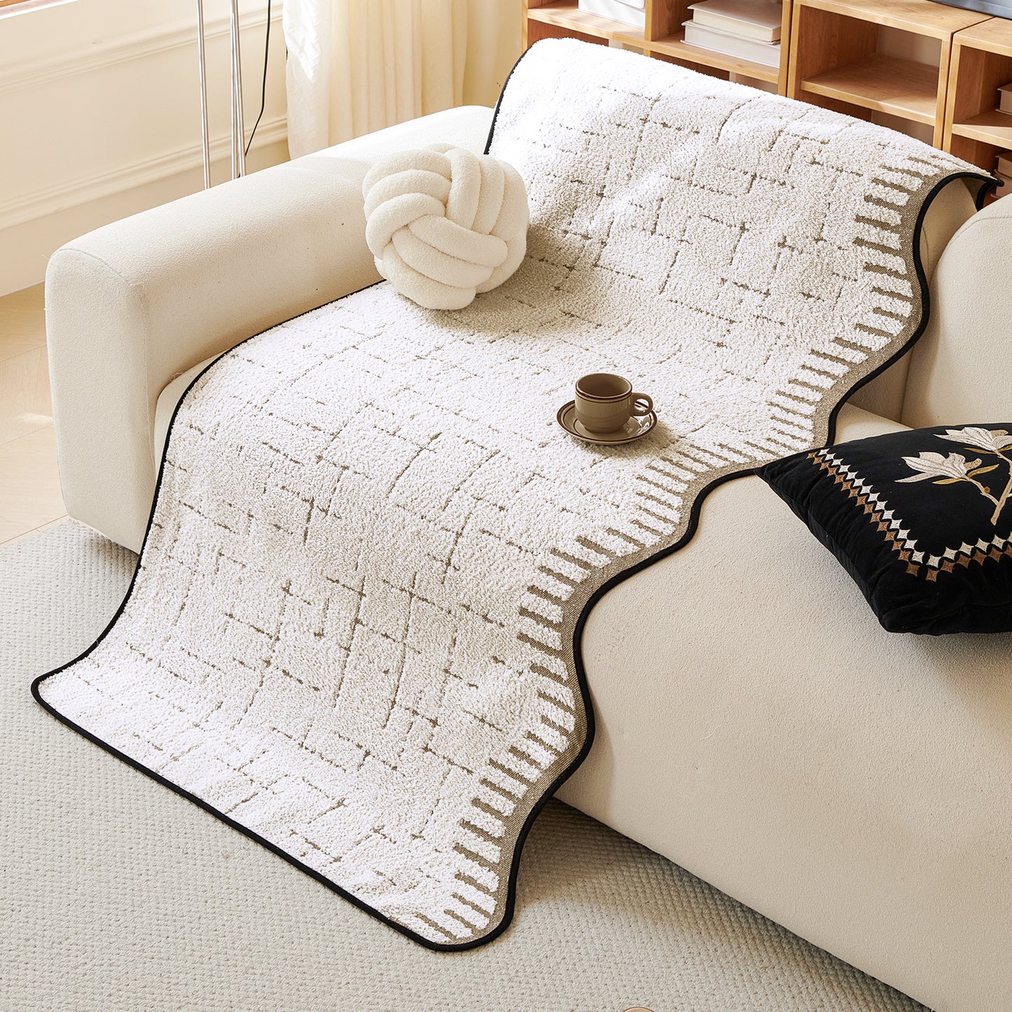 Premium Supple Soft Wavy Sofa Cover Mat, Cream Brown