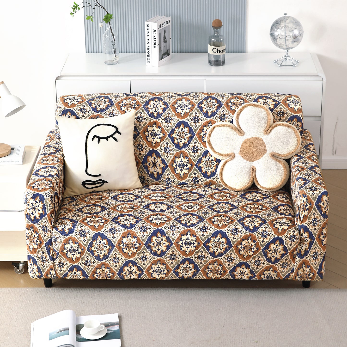 Premium Printed Velvet Sofa Cover 1/2/3 Seaters Fully Covered, Indigo Moroccan Charm