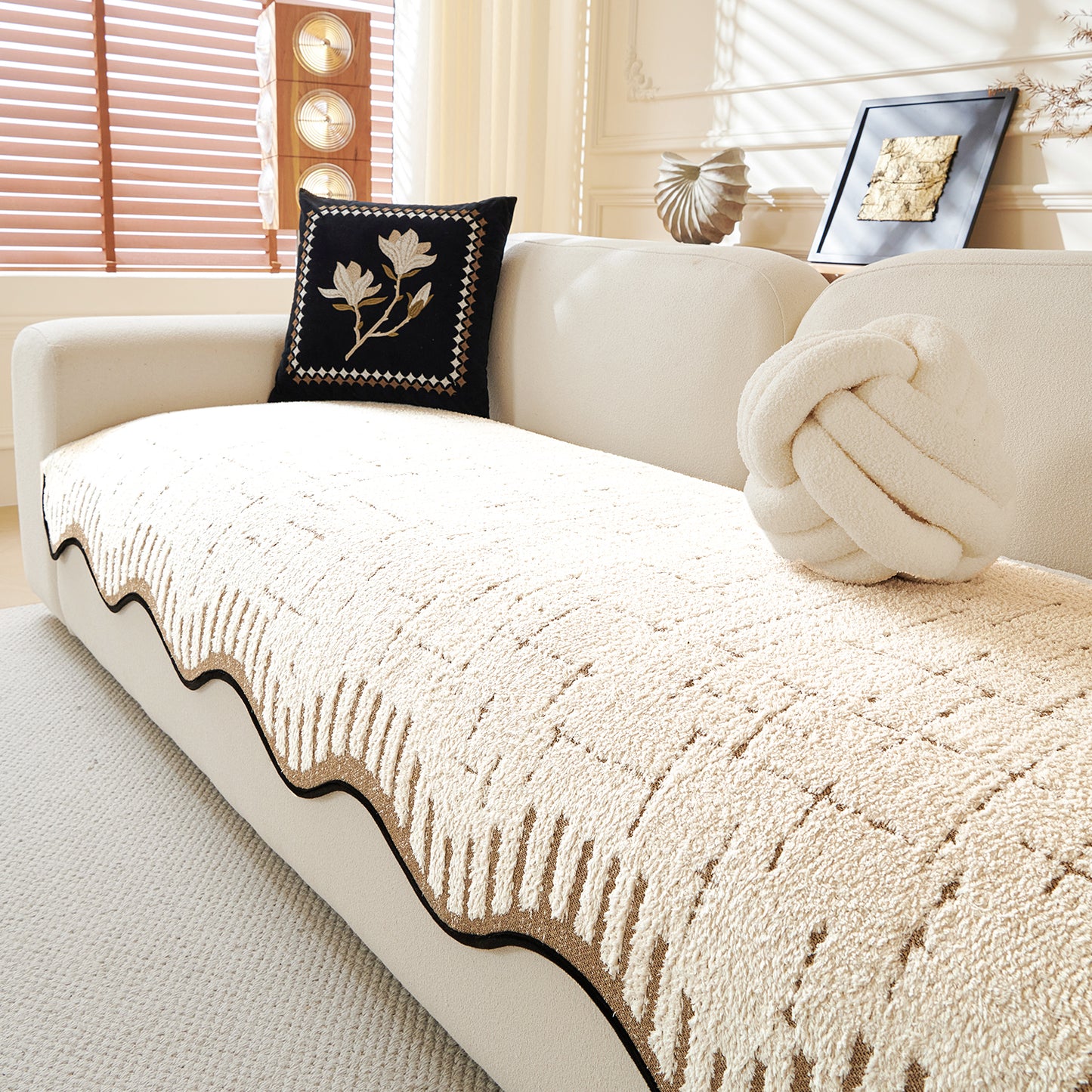 Premium Supple Soft Wavy Sofa Cover Mat, Cream Brown