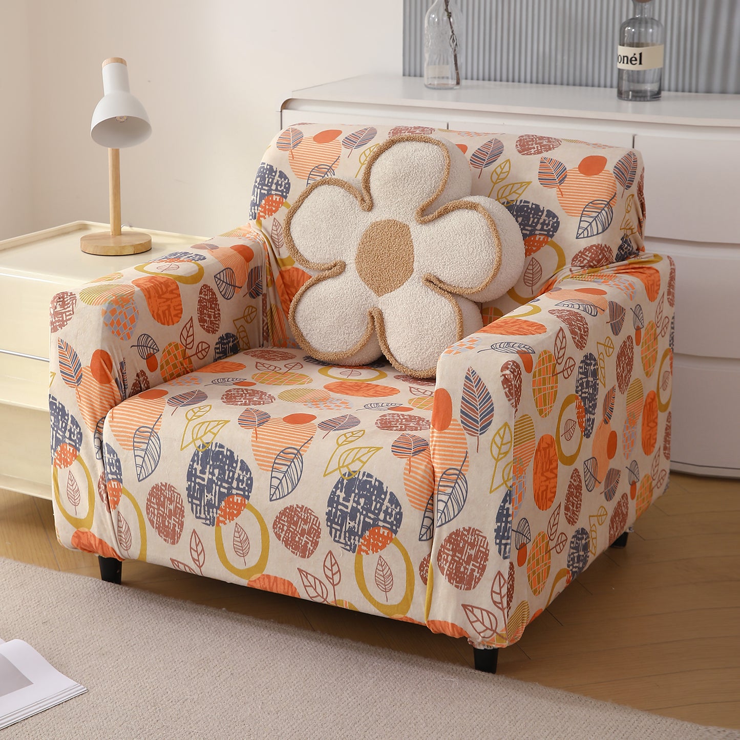 Premium Printed Velvet Sofa Cover 1/2/3 Seaters Fully Covered, Coral Autumn Leaves