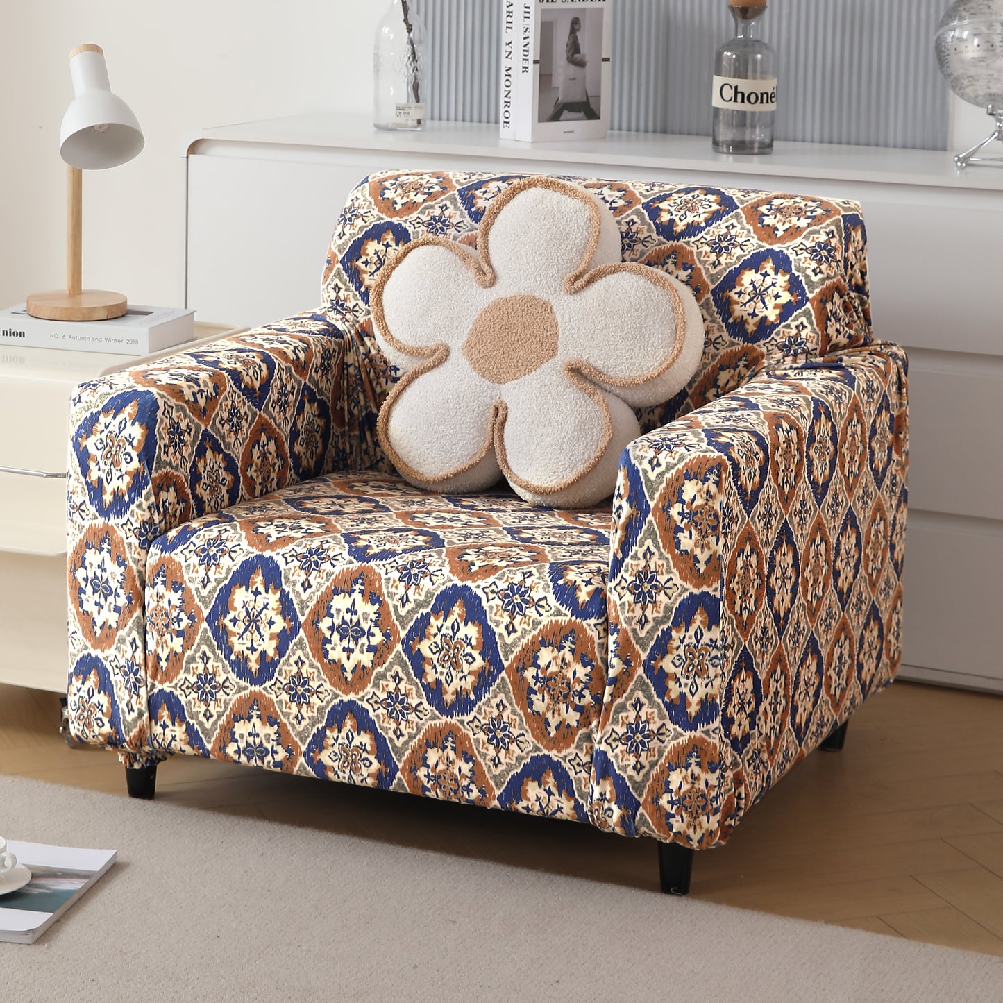 Premium Printed Velvet Sofa Cover 1/2/3 Seaters Fully Covered, Indigo Moroccan Charm