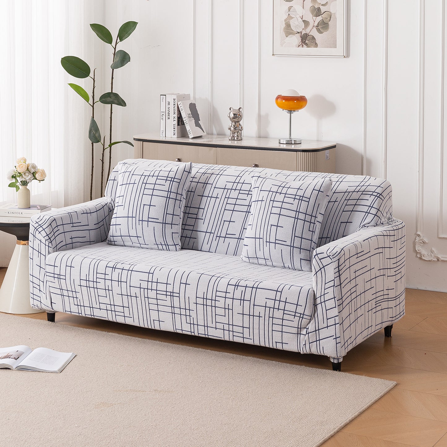 'Crossline Series' Jacquard Cushion Cover Set of 2, Navy Blue