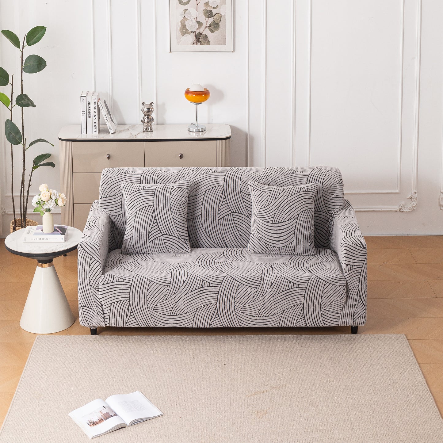 'WaveLine Series' Jacquard Sofa Cover 1/2/3/4-seater Fully Covered, Classic White