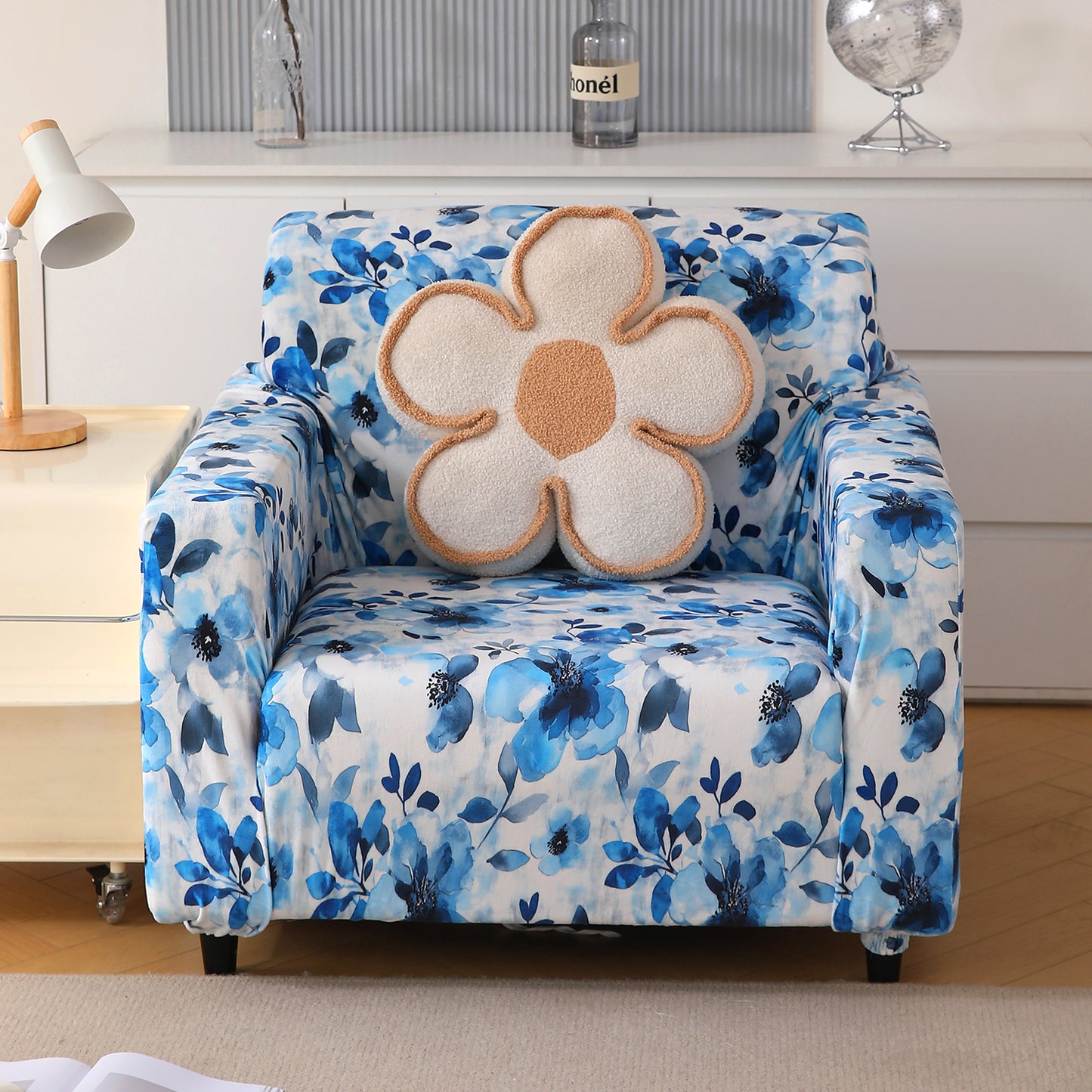Premium Printed Velvet Sofa Cover 1/2/3 Seaters Fully Covered, Blue Azure Botanical