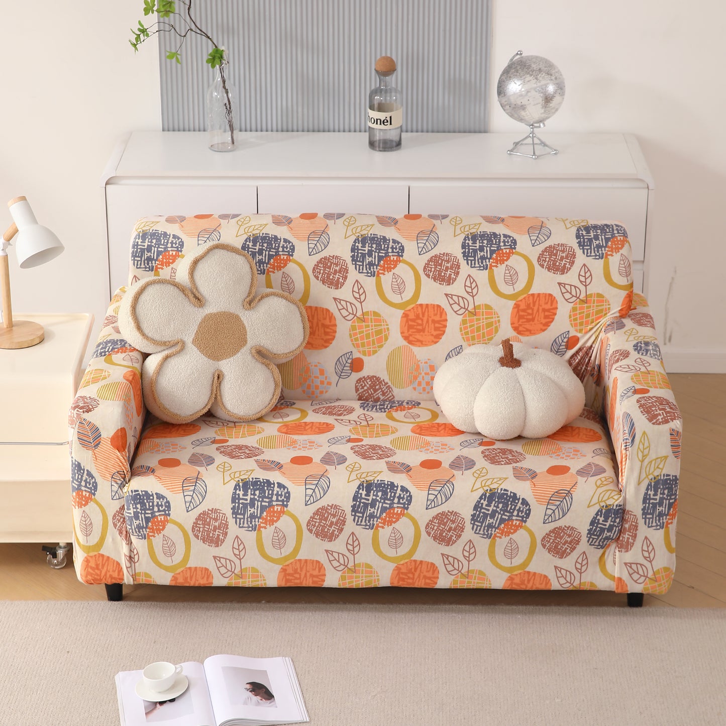 Premium Printed Velvet Sofa Cover 1/2/3 Seaters Fully Covered, Coral Autumn Leaves
