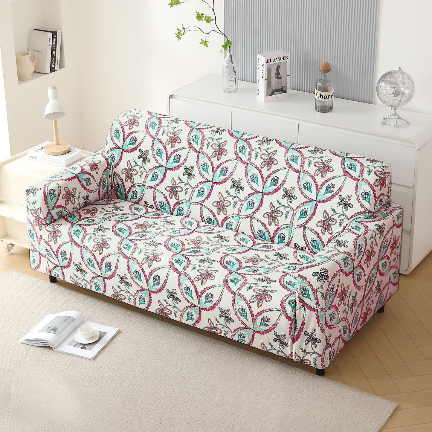 Premium Printed Velvet Sofa Cover 1/2/3 Seaters Fully Covered, Beige Persian Garden