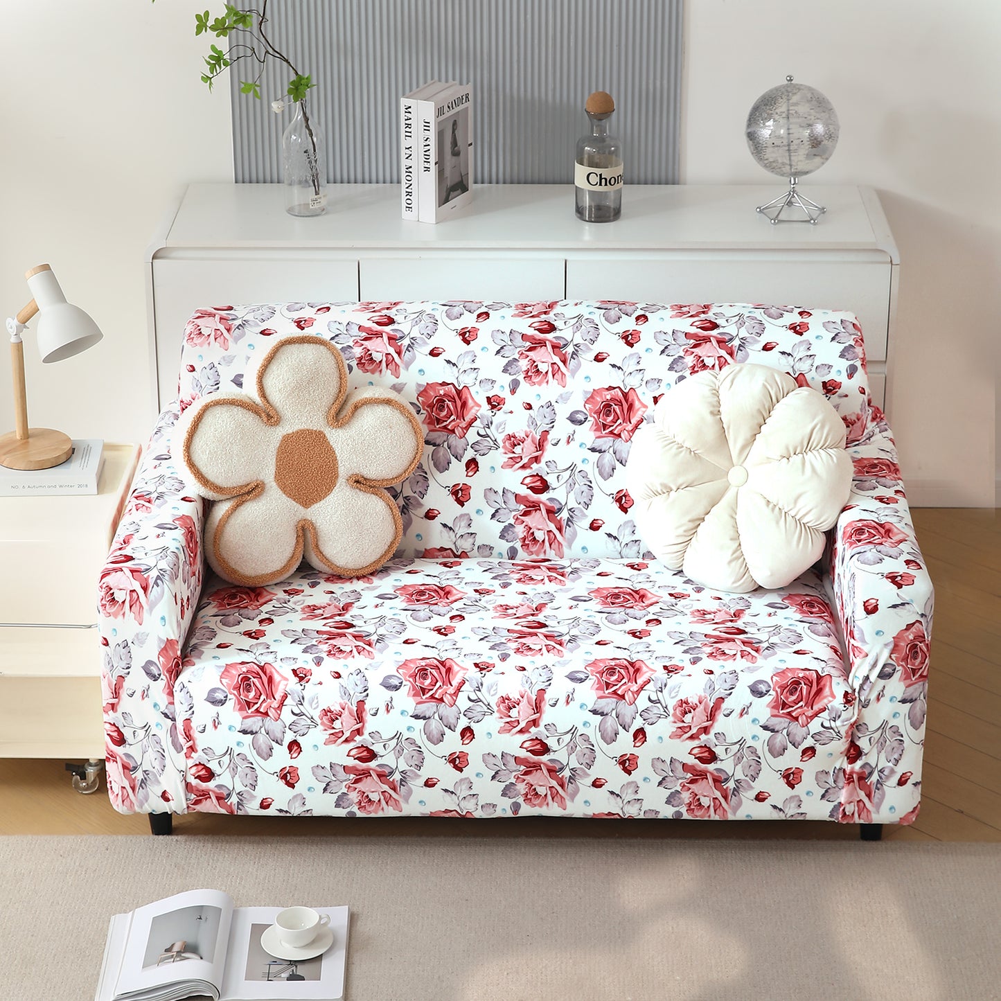 Premium Printed Velvet Sofa Cover 1/2/3 Seaters Fully Covered, Red Cottage Rose