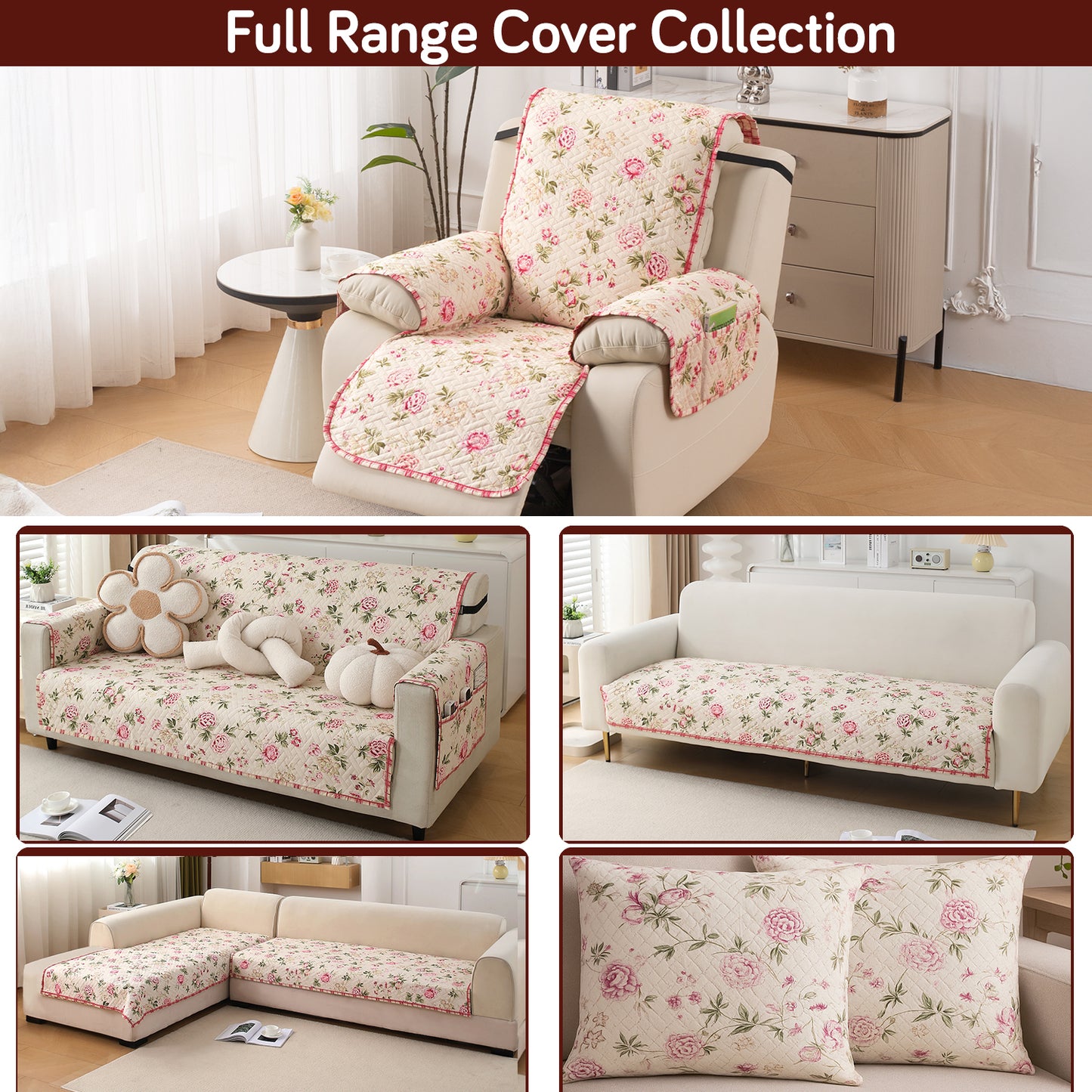 Quilted Cover for Recliner Sofa with SecureFit Belt & Side Pocket, Beige Peonies