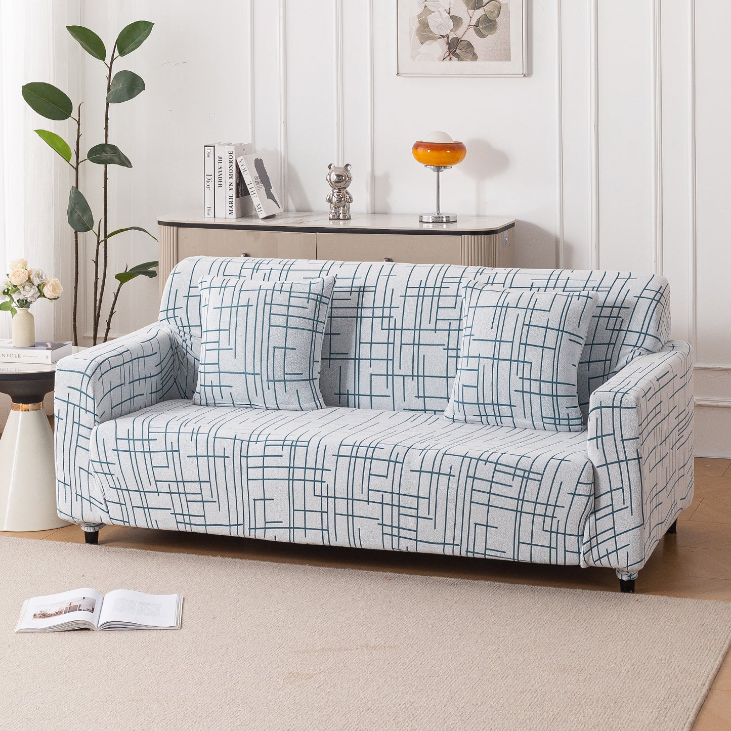 'Crossline Series' Jacquard Cushion Cover Set of 2, Teal Blue
