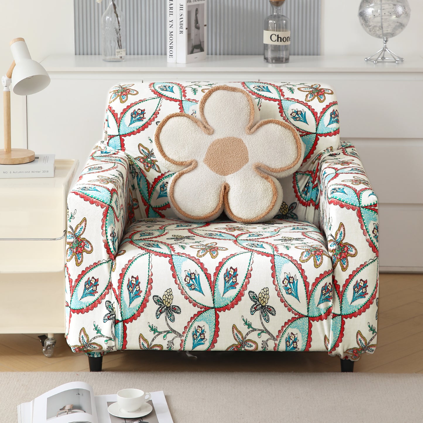 Premium Printed Velvet Sofa Cover 1/2/3 Seaters Fully Covered, Beige Persian Garden