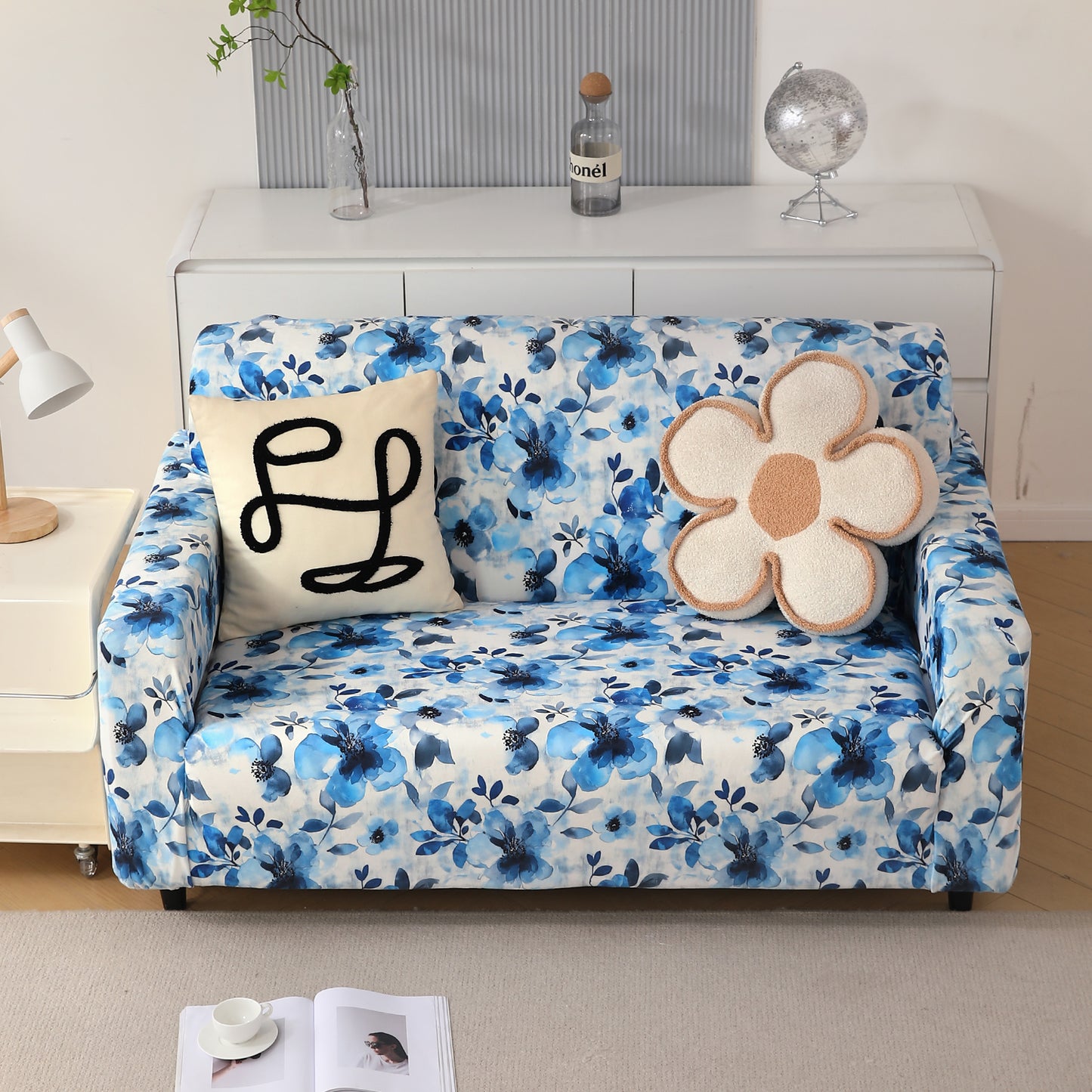 Premium Printed Velvet Sofa Cover 1/2/3 Seaters Fully Covered, Blue Azure Botanical