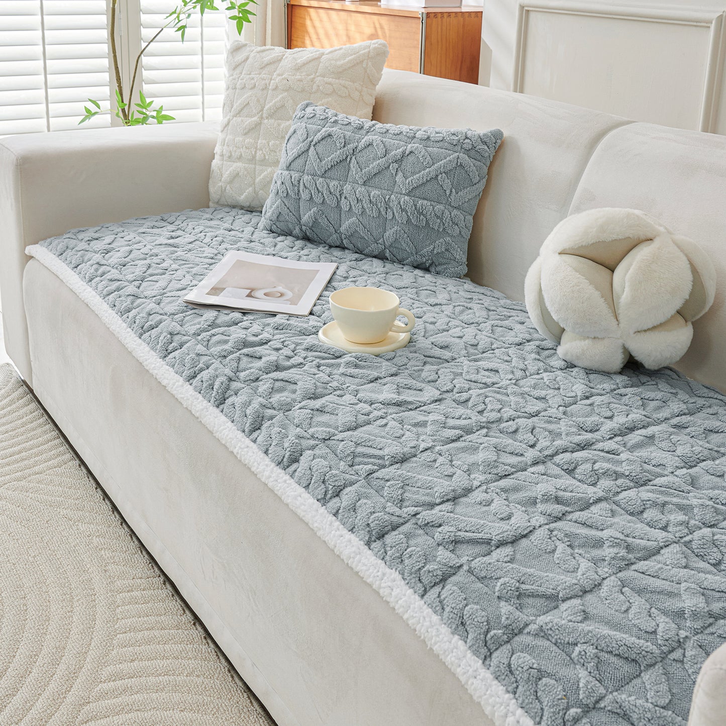 'Italian Caelora' Luxury Jacquard Plush Sofa Cover Mat and Anti-Slip Armrest Covers - Powder Blue