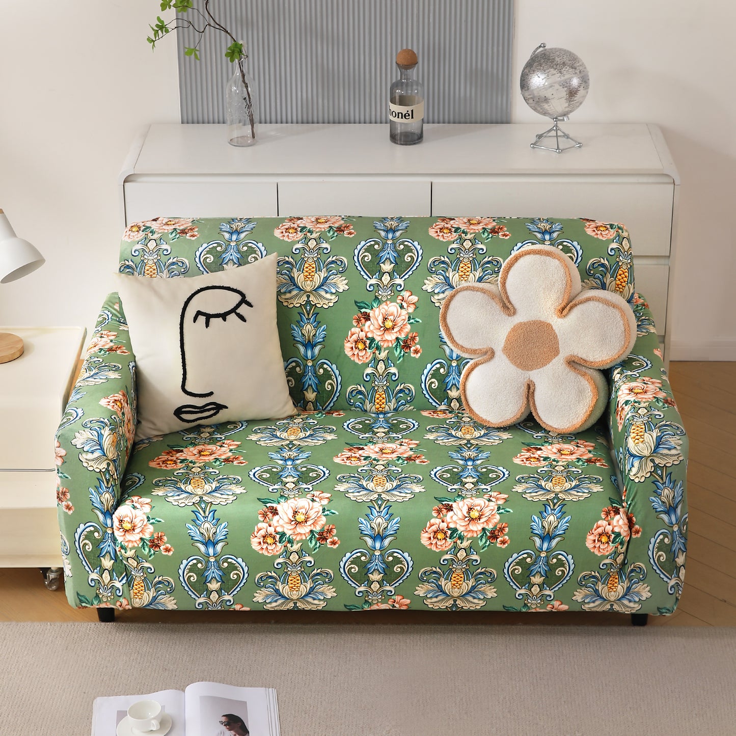 Premium Printed Velvet Sofa Cover 1/2/3 Seaters Fully Covered, Green Victorian Garden