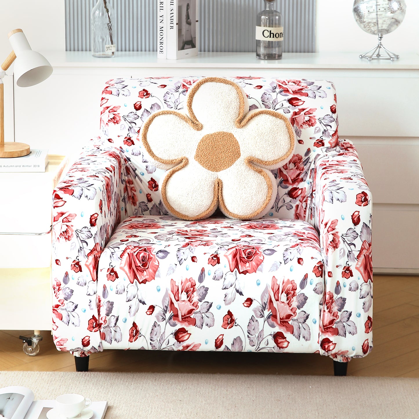 Premium Printed Velvet Sofa Cover 1/2/3 Seaters Fully Covered, Red Cottage Rose