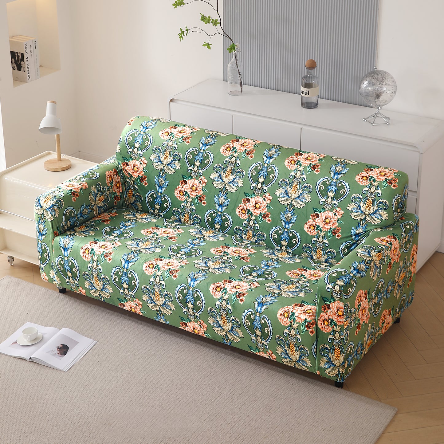 Premium Printed Velvet Sofa Cover 1/2/3 Seaters Fully Covered, Green Victorian Garden