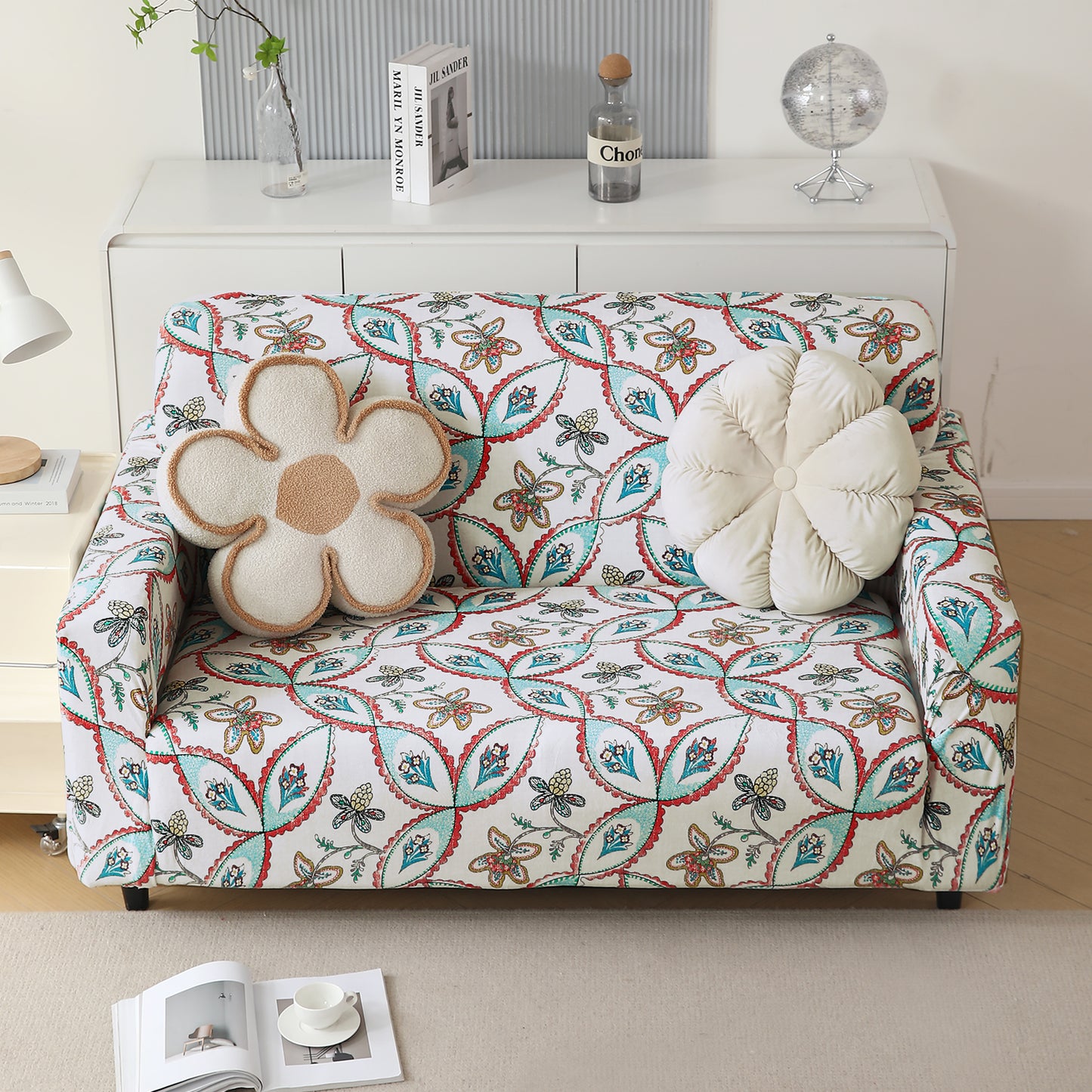 Premium Printed Velvet Sofa Cover 1/2/3 Seaters Fully Covered, Beige Persian Garden