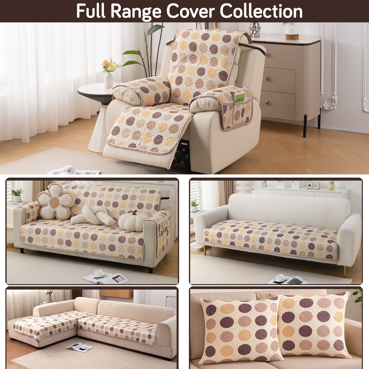 Quilted Cover for Recliner Sofa with SecureFit Belt & Side Pocket, Brown Polka Dot