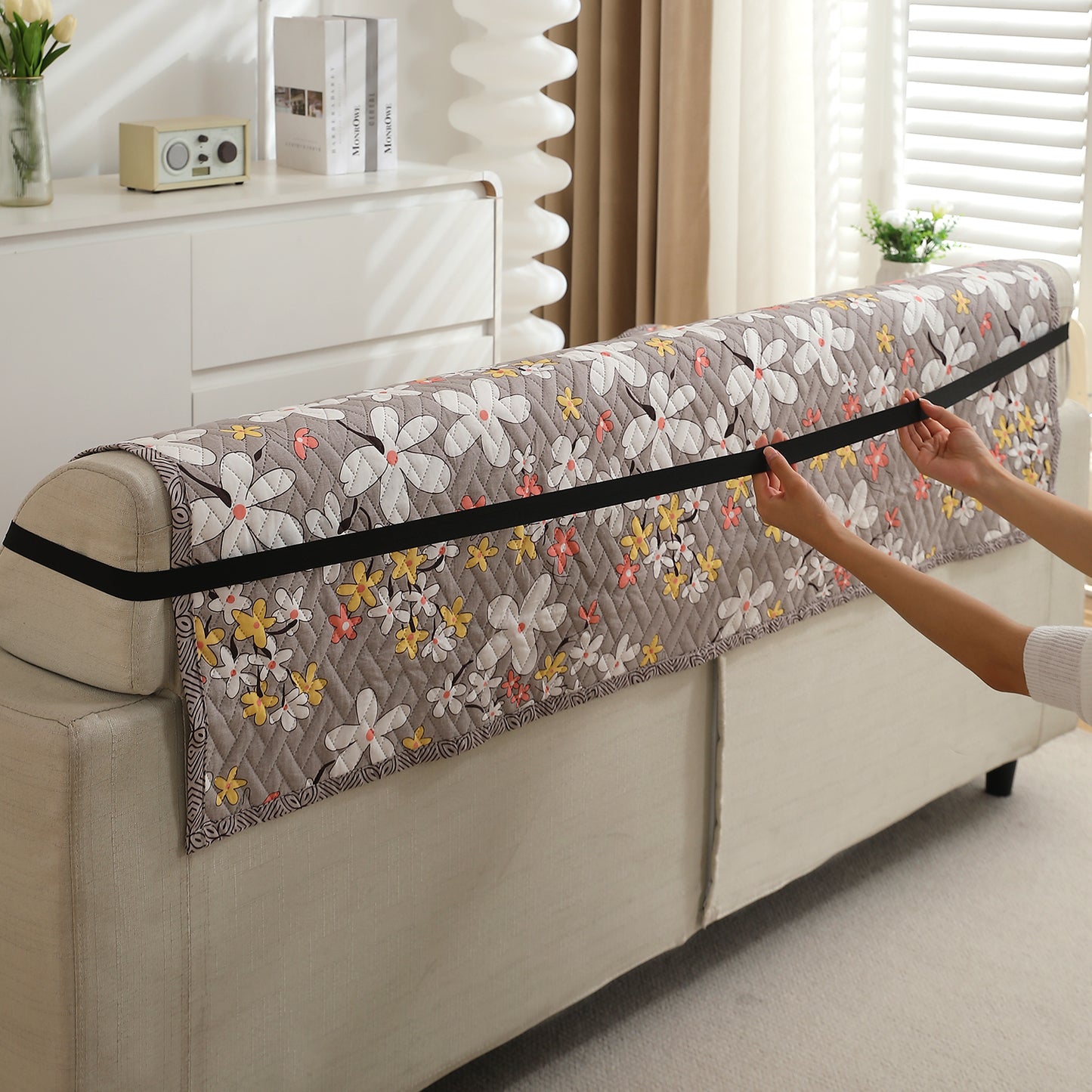 Pastel Brown Sandwort Flower Printed quilted sofa cover with anti slip elastic strap