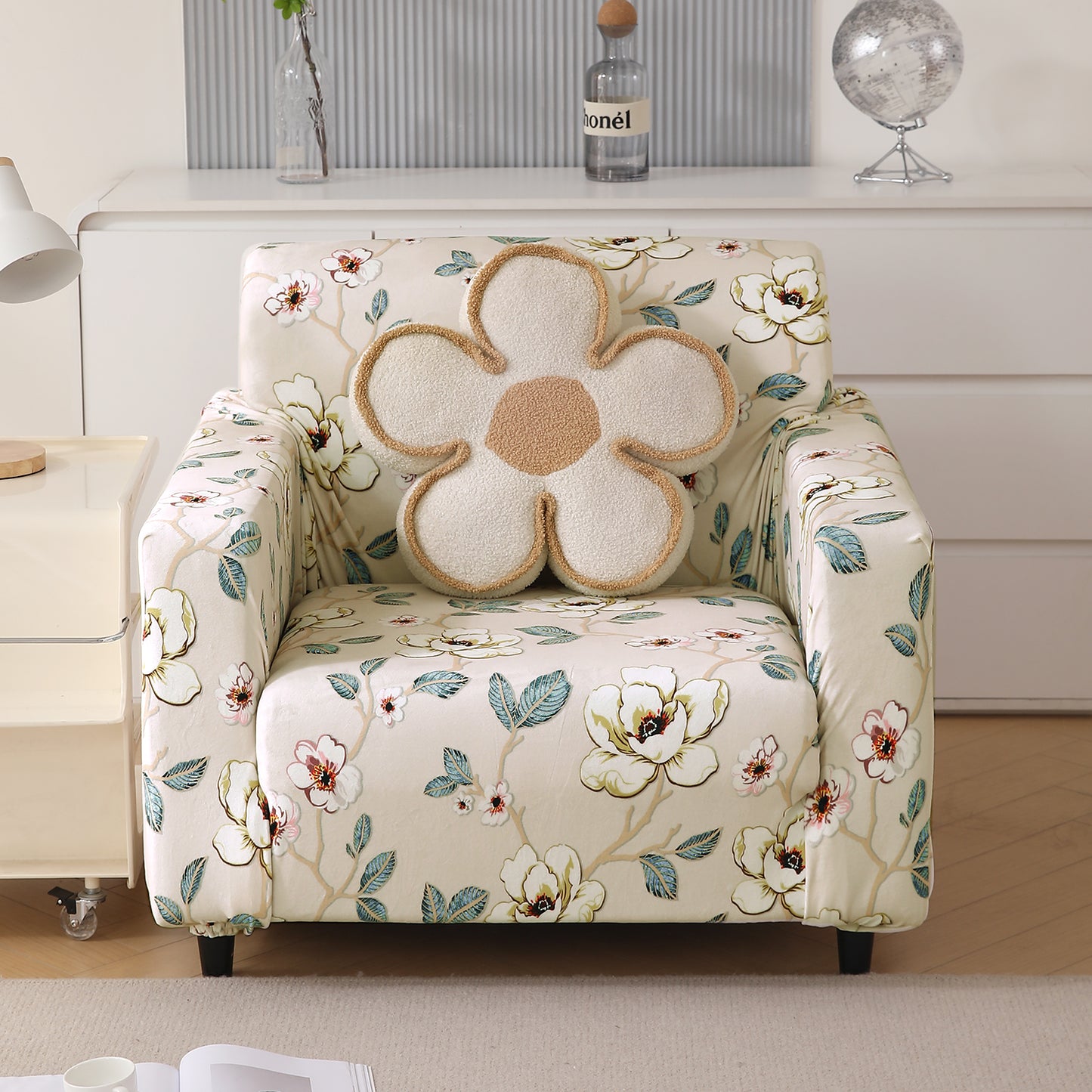Premium Printed Velvet Sofa Cover 1/2/3 Seaters Fully Covered, Buttercream Magnolia Whisper