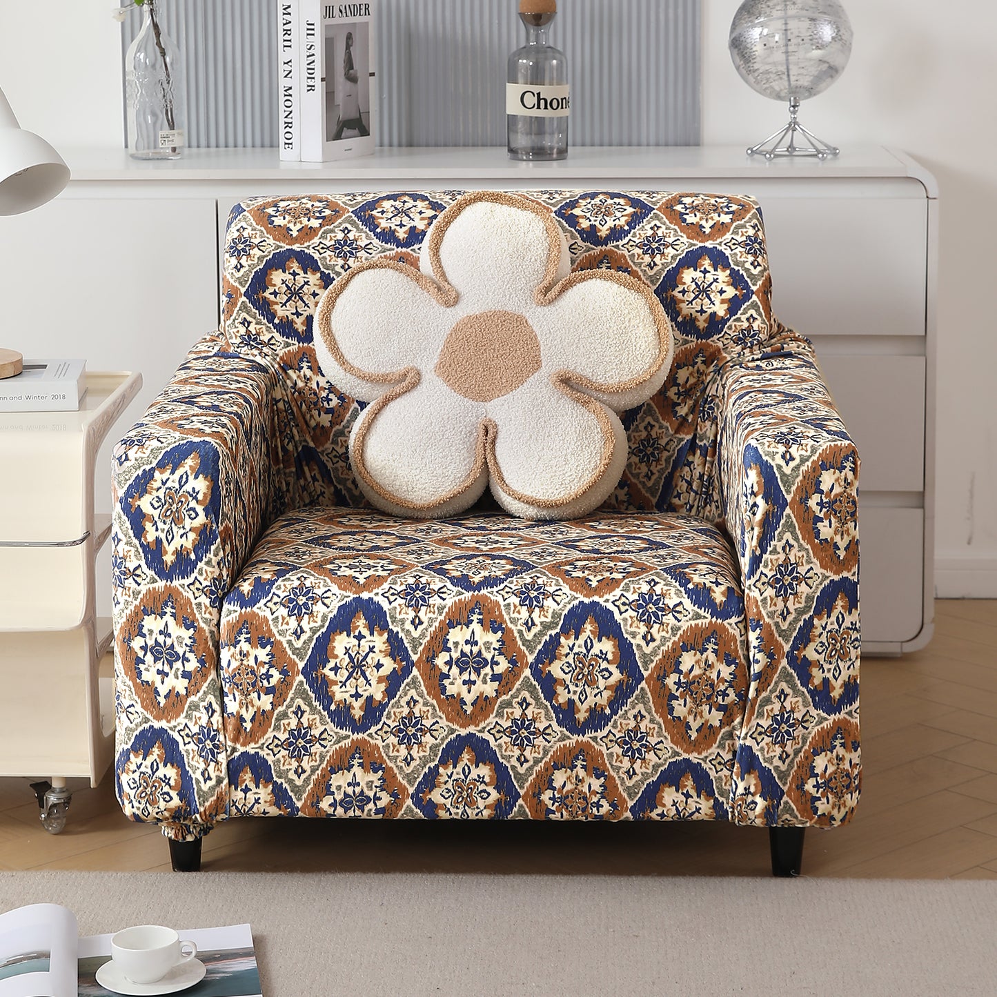 Premium Printed Velvet Sofa Cover 1/2/3 Seaters Fully Covered, Indigo Moroccan Charm