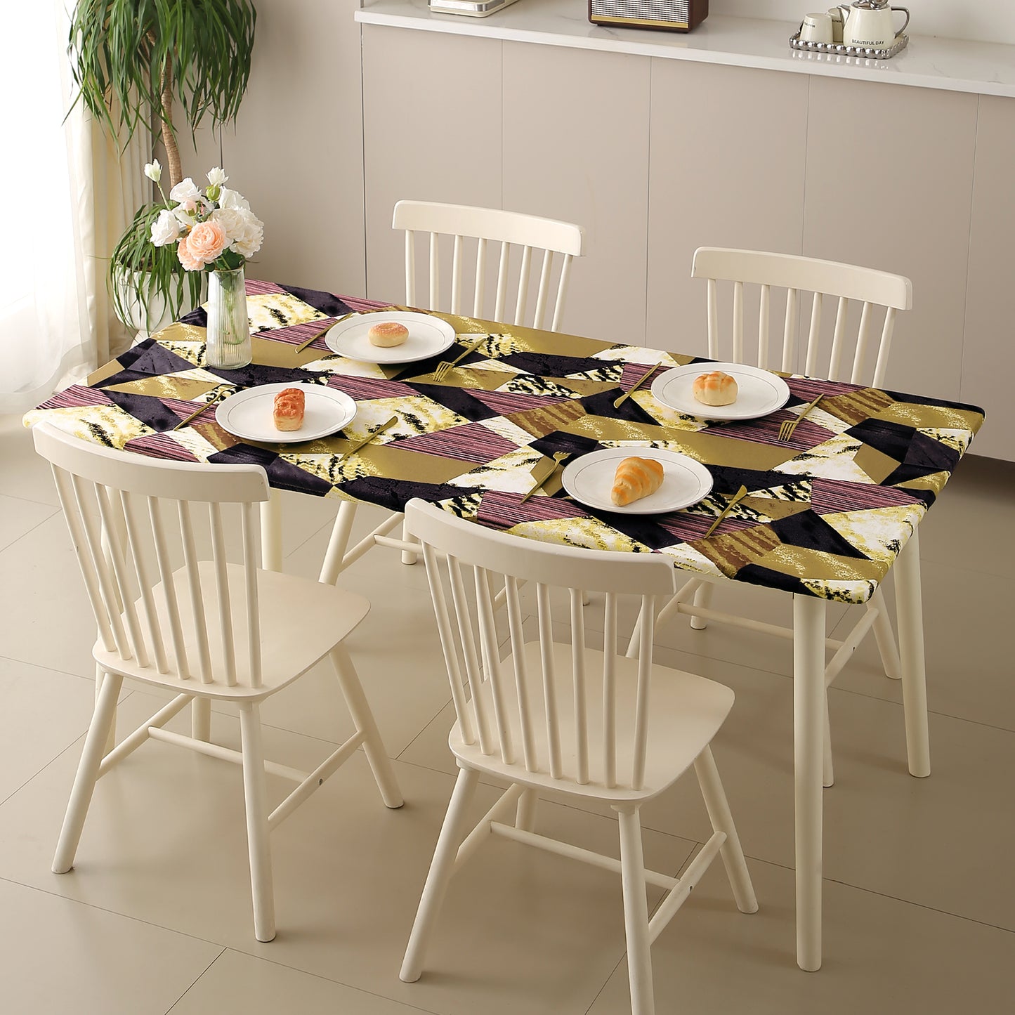 Printed Stretch Fit Water-Repellent & Anti-Slip Table Cloth Cover for 4 Seater / 6 Seater, Wine Abstract Geometry
