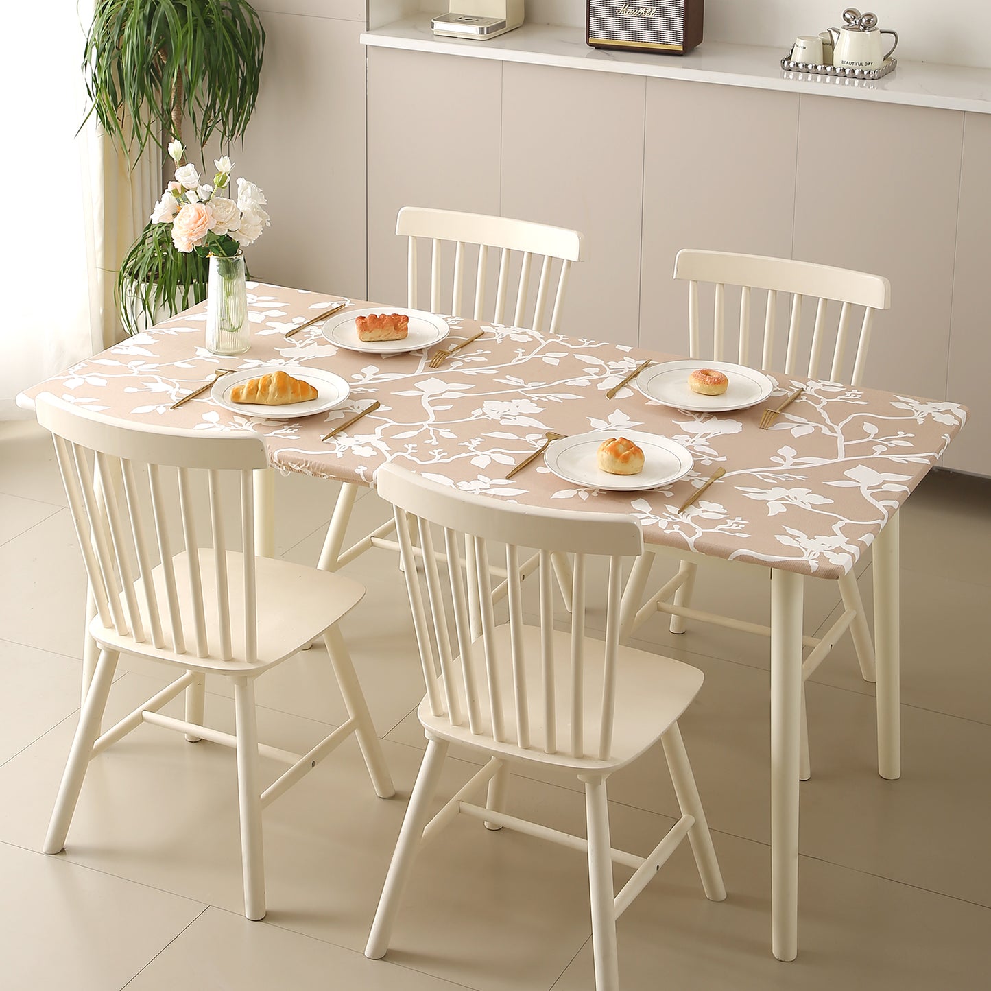 Printed Stretch Fit Water-Repellent & Anti-Slip Table Cloth Cover for 4 Seater / 6 Seater, Buff Brown Sillehoute Floral