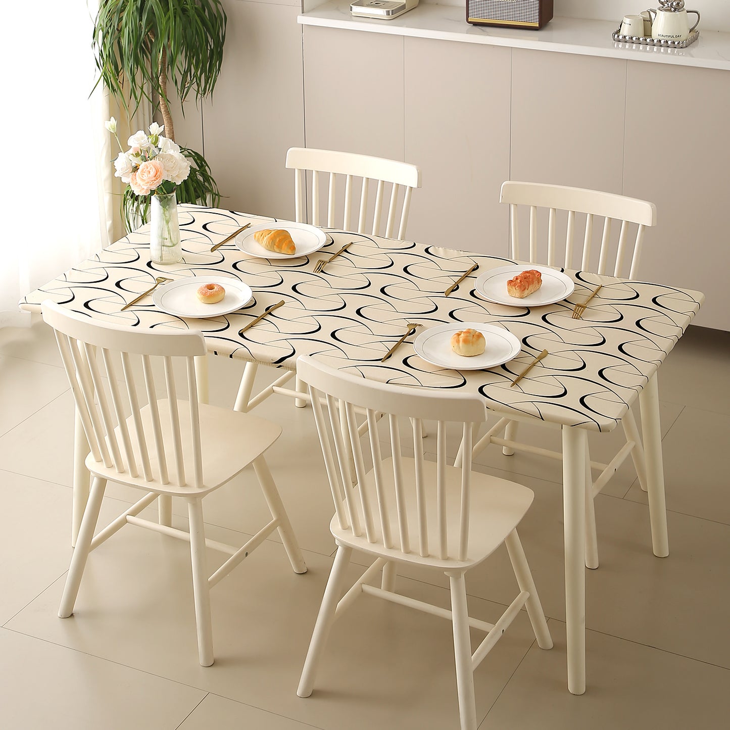 Printed Stretch Fit Water-Repellent & Anti-Slip Table Cloth Cover for 4 Seater / 6 Seater, Natural Beige Abstract Art