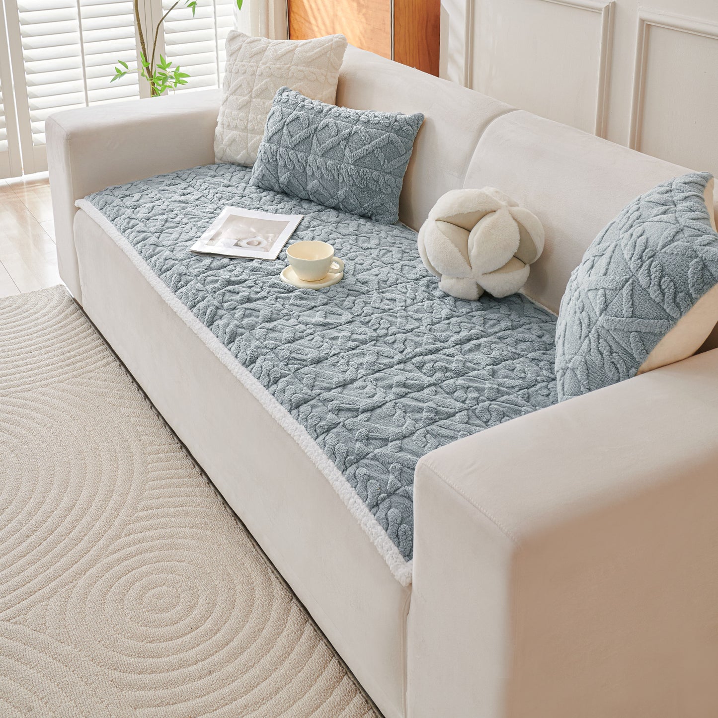 'Italian Caelora' Luxury Jacquard Plush Sofa Cover Mat and Anti-Slip Armrest Covers - Powder Blue