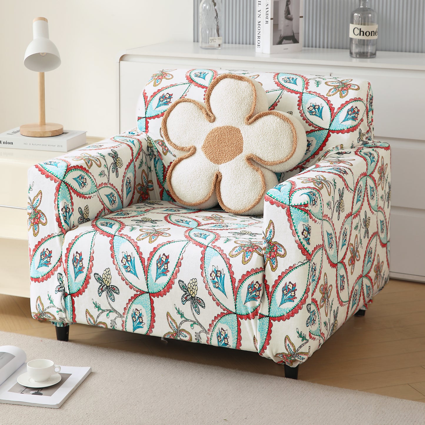 Premium Printed Velvet Sofa Cover 1/2/3 Seaters Fully Covered, Beige Persian Garden