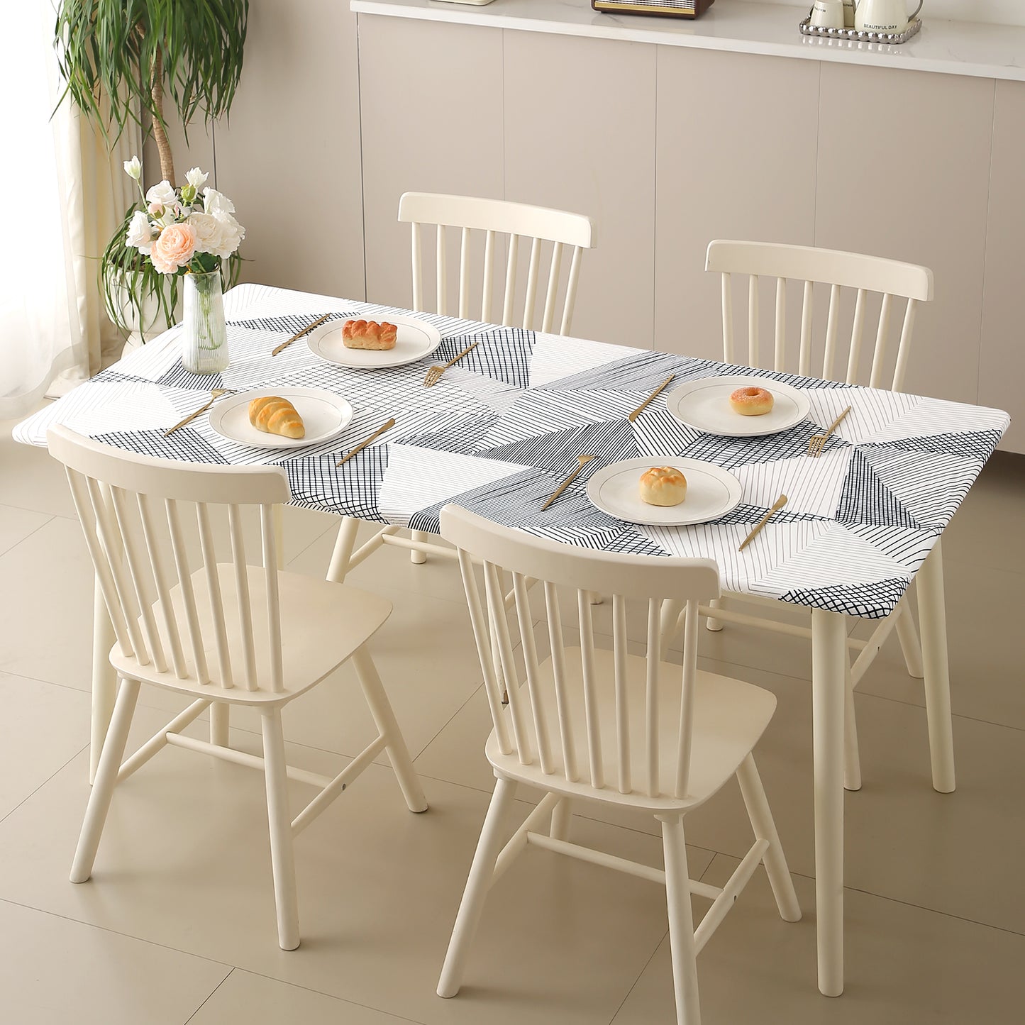 Printed Stretch Fit Water-Repellent & Anti-Slip Table Cloth Cover for 4 Seater / 6 Seater, Snow White Black Geometry