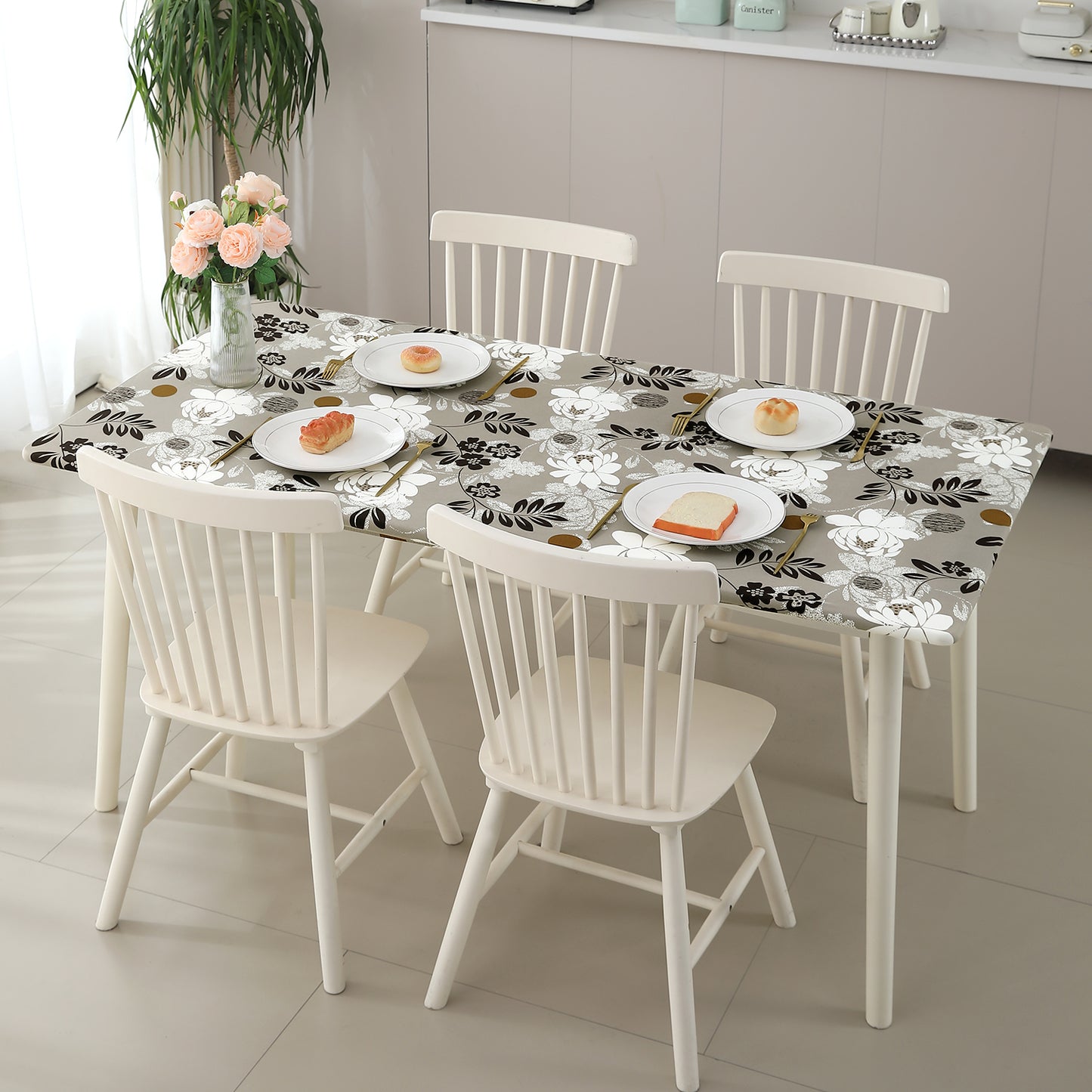 Printed Stretch Fit Water-Repellent & Anti-Slip Table Cloth Cover for 4 Seater / 6 Seater, Feather Brown Floral