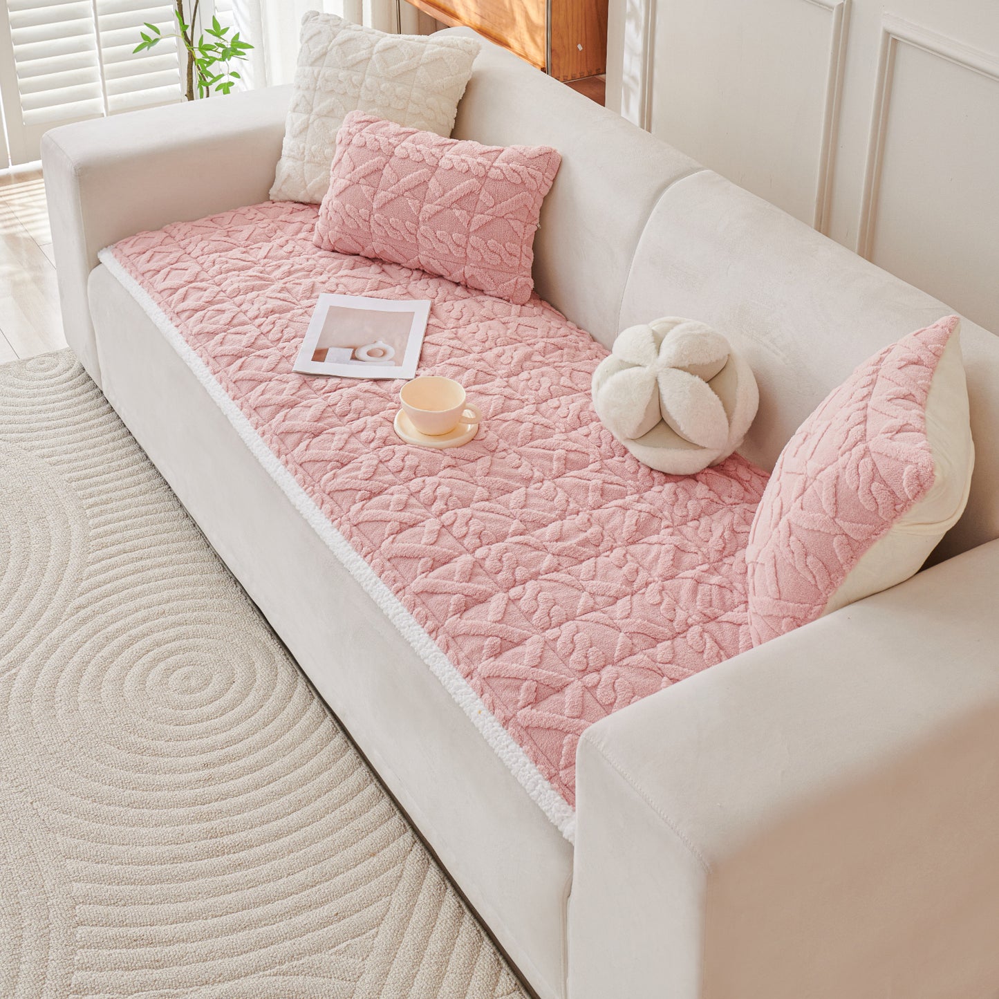 'Italian Caelora' Luxury Jacquard Plush Sofa Cover Mat and Anti-Slip Armrest Covers - Misty Rose