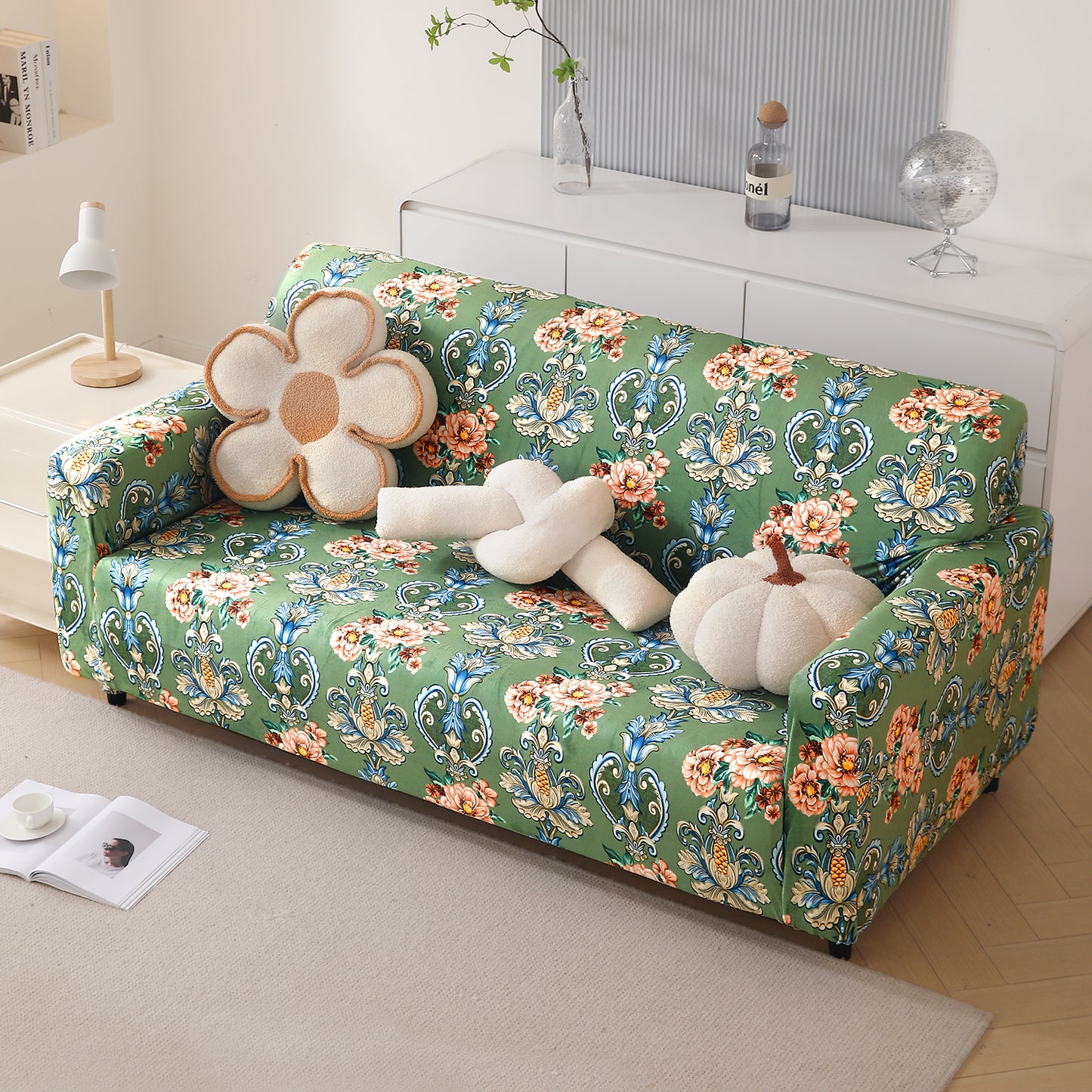 Premium Printed Velvet Sofa Cover 1/2/3 Seaters Fully Covered, Green Victorian Garden